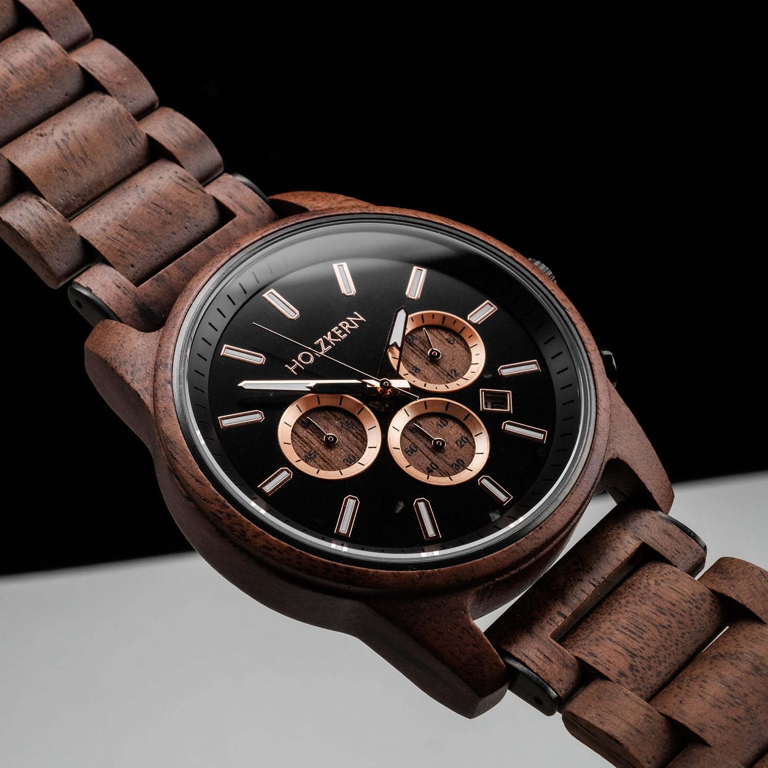 HOLZKERN Herrenuhr Quarz Chronograph Buschwerk Walnuss/Marmor 9010631016364 | Armbanduhr mit japanisches Quarzwer und Zifferblatt aus schwarzem Marmor