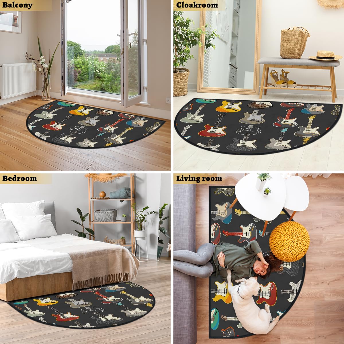 Mexpekil Paillasson demi-lune en forme de guitare pour intérieur et extérieur - Lavable - Demi cercle - Absorbant la saleté - 100 x 160 cm