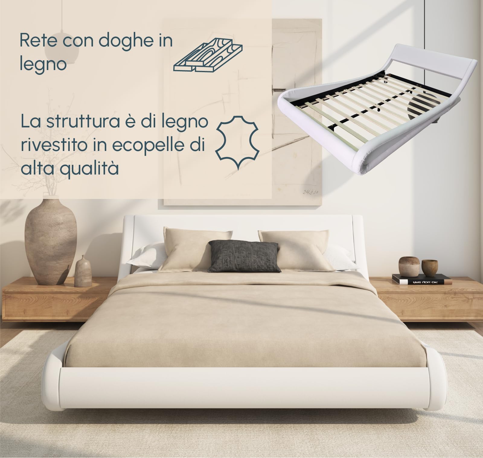 MB Muebles Bonitos, Letto Matrimoniale Alessia, Legno e Ecoleather, Bianco, Per Materasso 120x190 cm