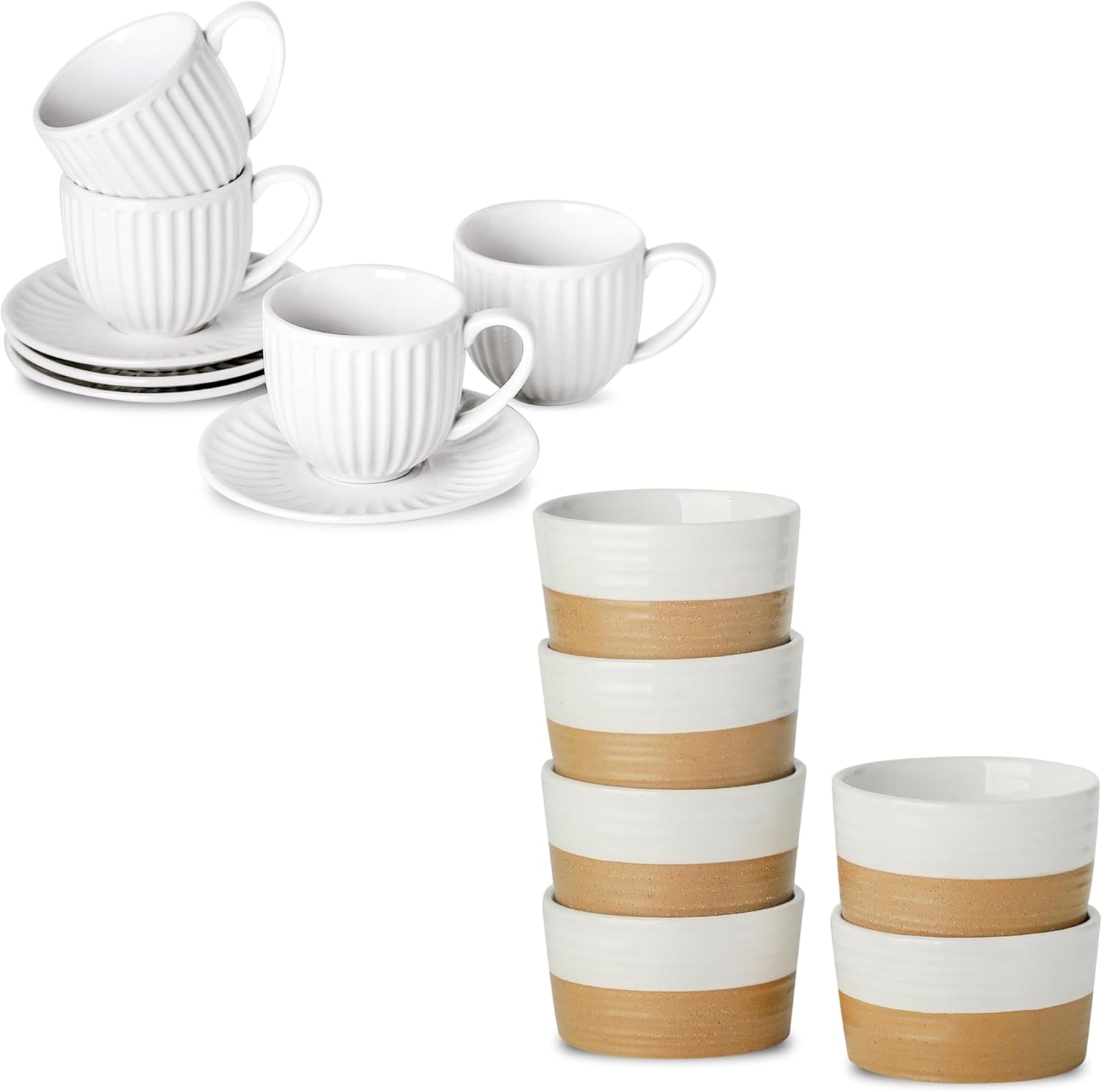 Ramekins 4 OZ for Creme Brulee Oven Safe,Ceramic Souffle Cups Set of 6 and Ceramic Espresso Cups with Saucers 5 Oz,Set of 4-White Ceramic Bundle