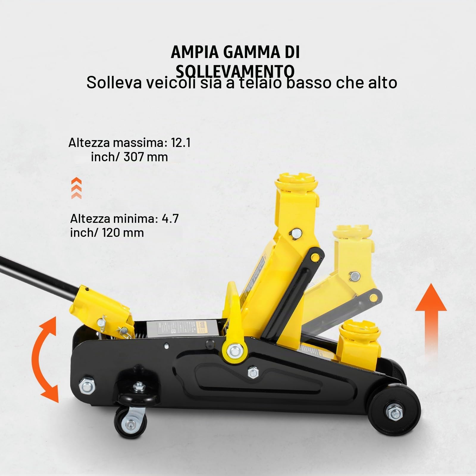 VEVOR Cric da Pavimento a Basso Profilo 1,5 T Cric Idraulico per Auto in Ferro per Impieghi Gravosi, Pompa a Sollevamento Rapido a Pistone Singolo, Intervallo di Sollevamento in Altezza 120 a 307 mm