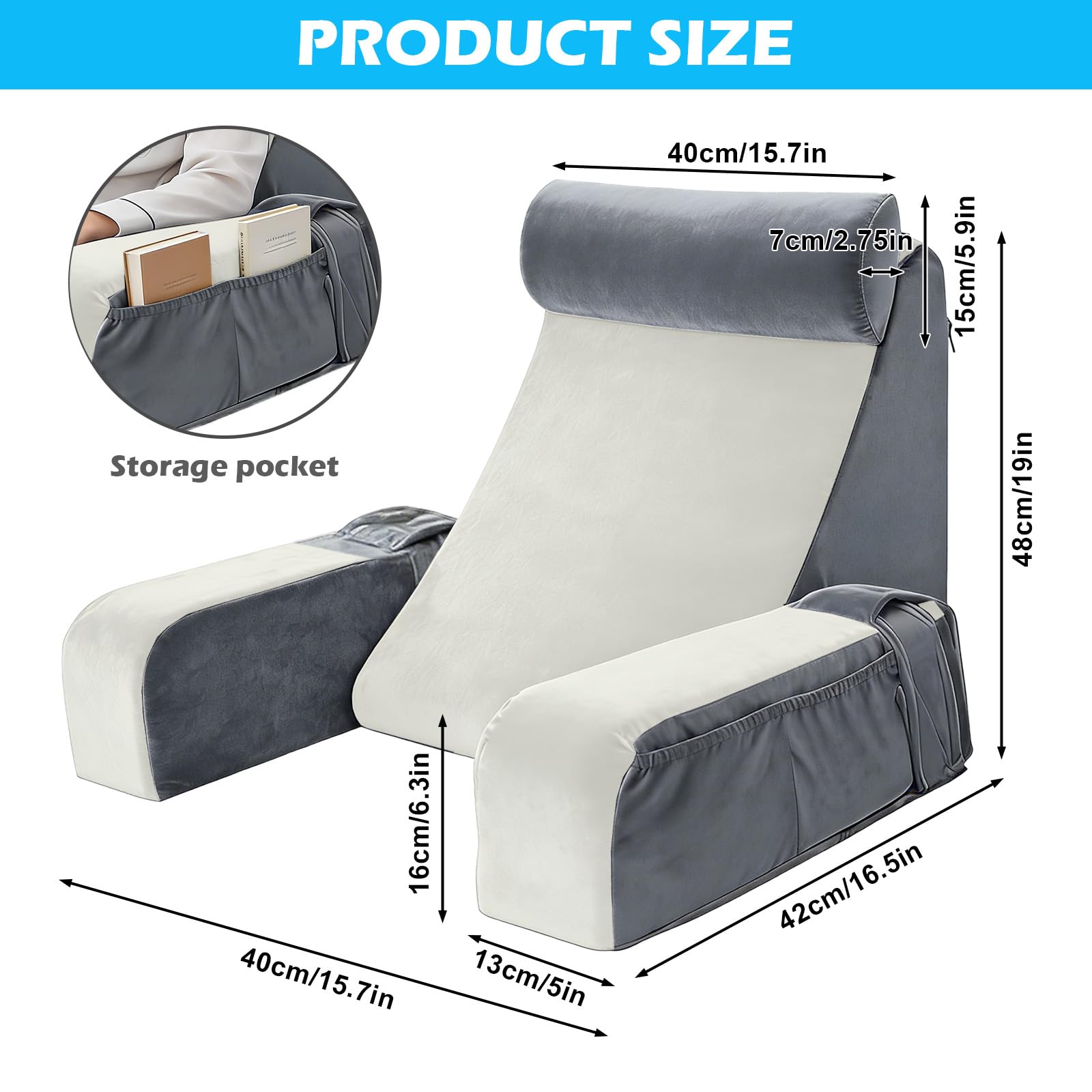 Cuscino da lettura per adulti, cuscino per schienale per letto e divano con braccioli rimovibili, schienale ergonomico per leggere, guardare la TV e rilassarsi, rivestimento lavabile