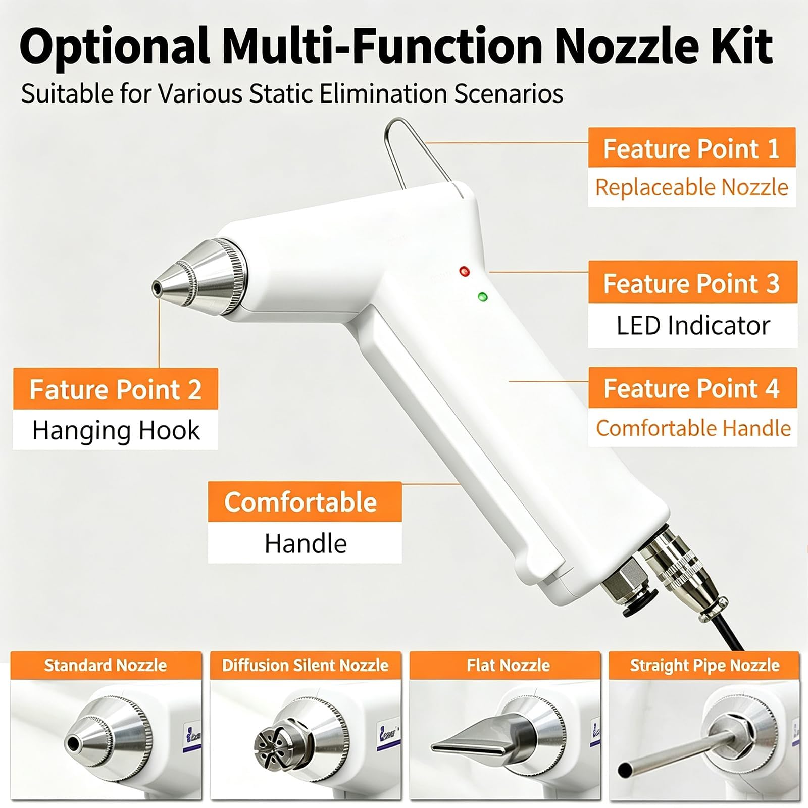 Pistola De Aire Ionizante De 70 Khz, Eliminador De Estática Portátil, con Boquilla Extraíble, Luz Indicadora De Funcionamiento, para Usar con Compresor De Aire, para La C