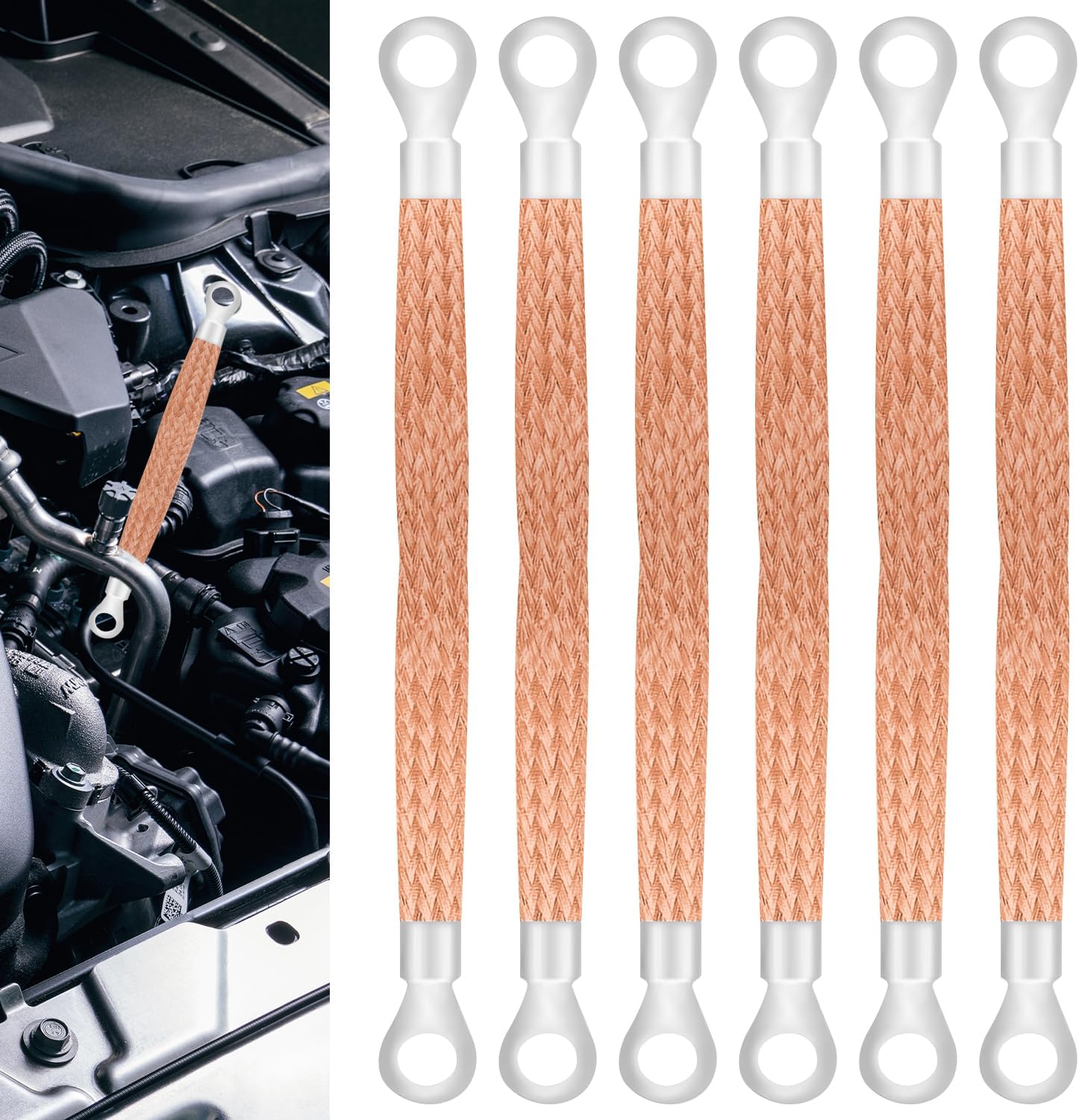 6PCS Braided Copper Ground Strap Kit, 12 Inch Engine Ground Strap with Terminal Plugs, Universal Automotive Grounding Wire for Most Vehicle Engine Ignition Battery (Copper Braided)