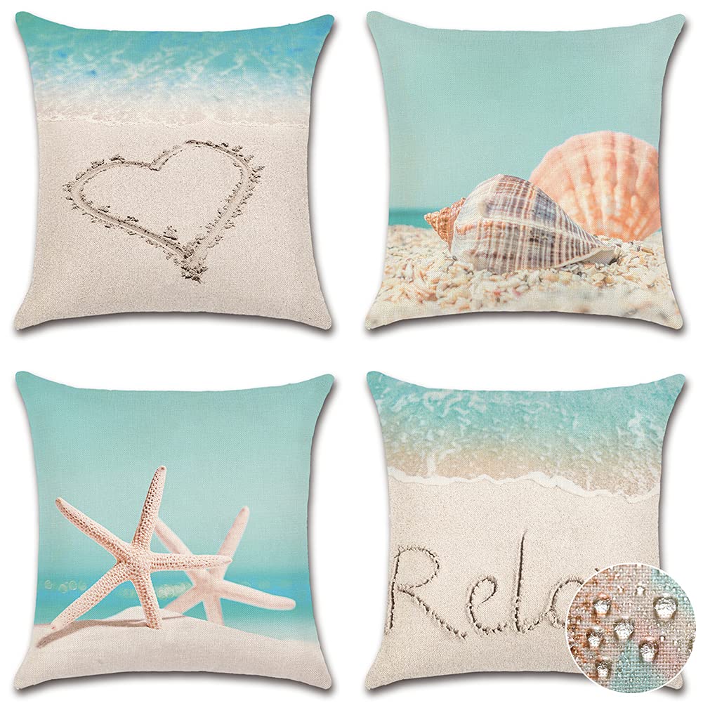 OTOSTAR Waterproof Summer Decorations Outdoor Throw Pillow Covers Linen Starfish Shell Pillow Covers Pack of 4 Square Cushion Case Garden Pillowcase