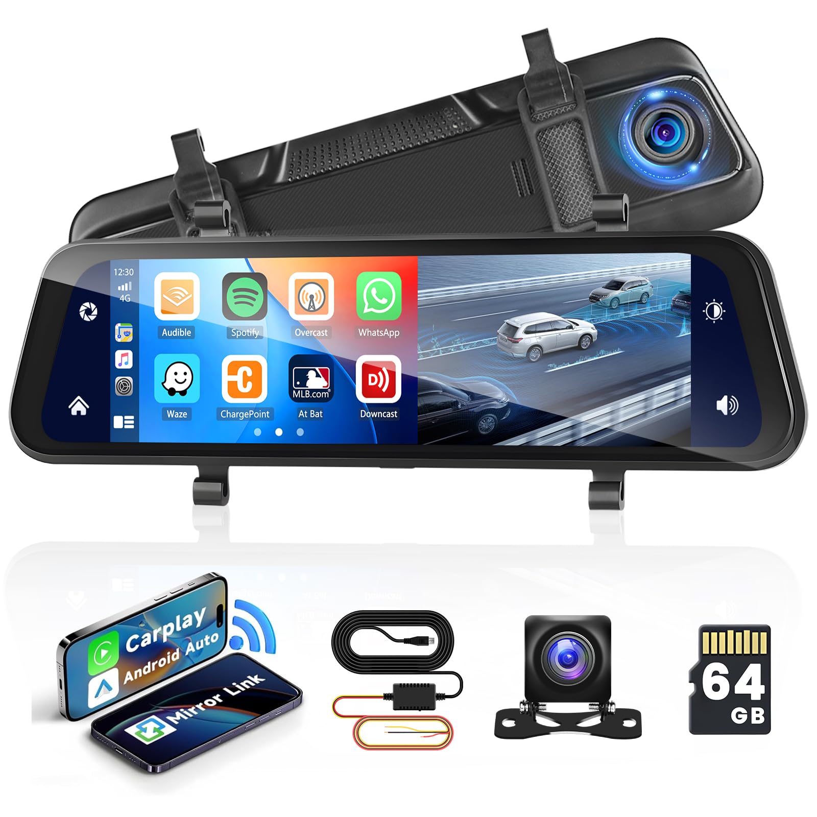 9.66'' Dashcam Cámara de Coche con Cámara Trasera con Carplay Android Auto, Control por Voz GPS Grabación en Bucle G-Sensor Monitor de Aparcamiento Super Visión Nocturna +Tarjeta SD 32G