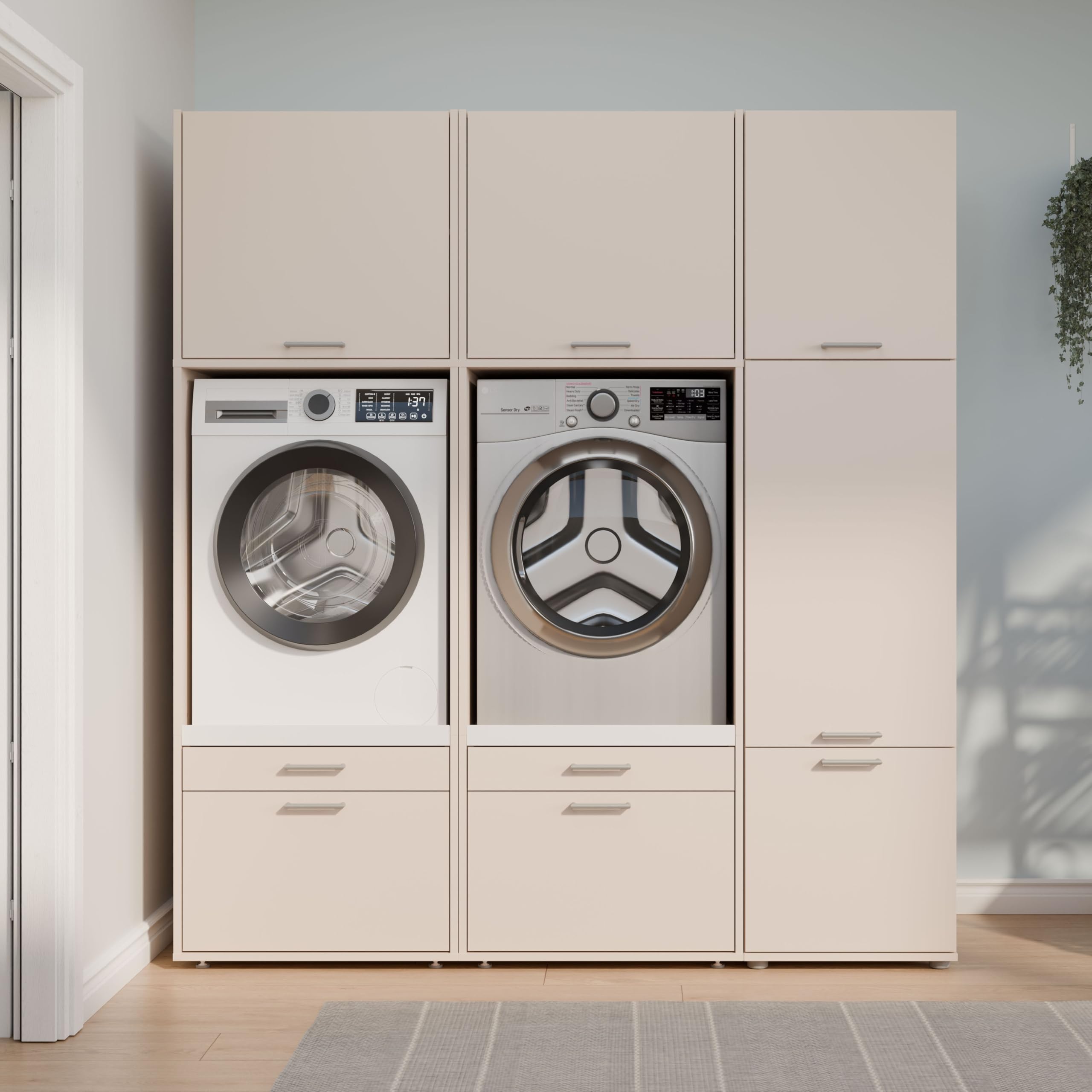 Forte WASHCAB 60 70, moderner Aufsatzschrank, 1-türig, Schrank zur Aufbewahrung von Putz- und Waschutensilien, Holzwerkstoff, Kaschmir Beige, 66 cm breit x 58,5 cm hoch x 67,4 cm tief