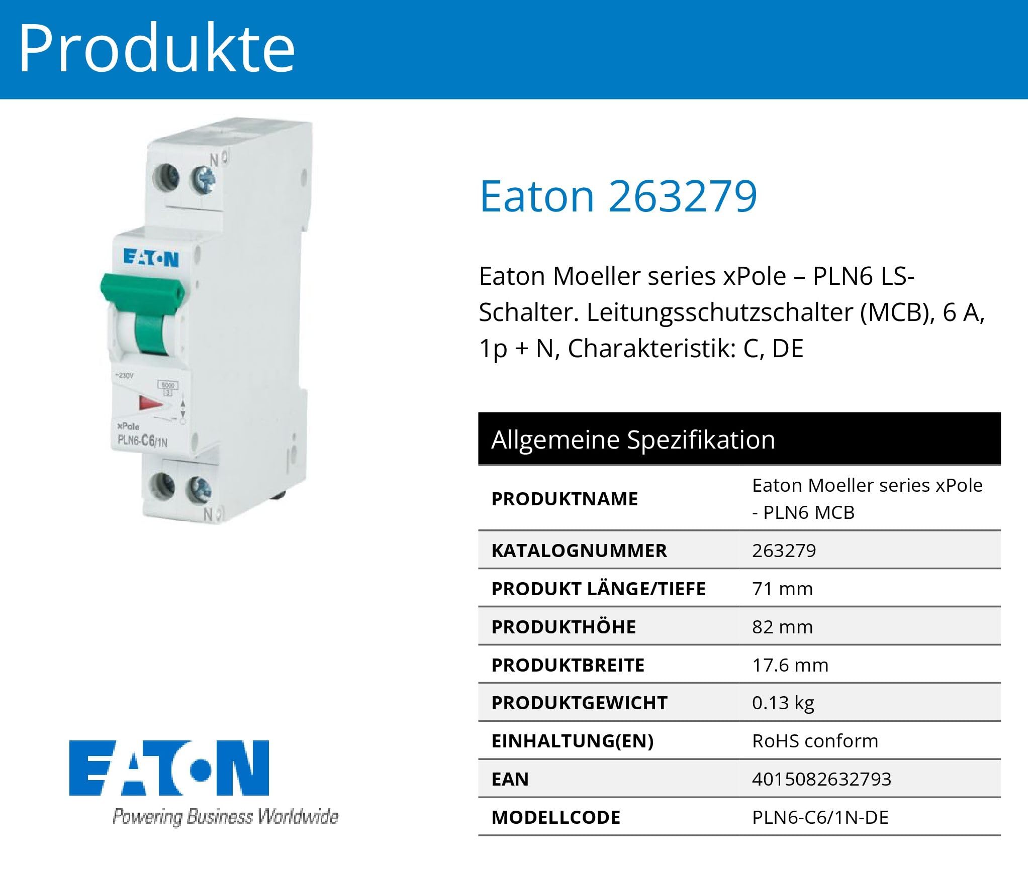 Eaton PLN6-C6/1N-DE Disjoncteur 6 A 1P+N 1 pôle + N - Caractéristique C - Interrupteur LS 1 TE une unité de division large (263279)