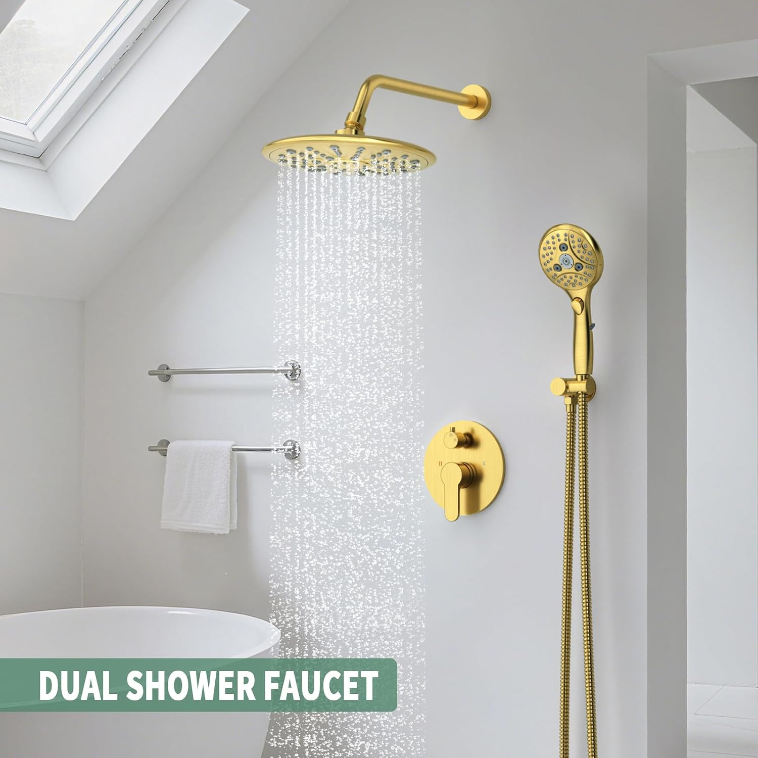 Suncleanse Gold Shower Faucet Sets - 8.5" Rain Shower Head Combo with 7-Setting handheld Spray Complete Shower System - Rainfall Shower Fixtures with Rough-in Valve and Trim Kit for Luxury Bathroom