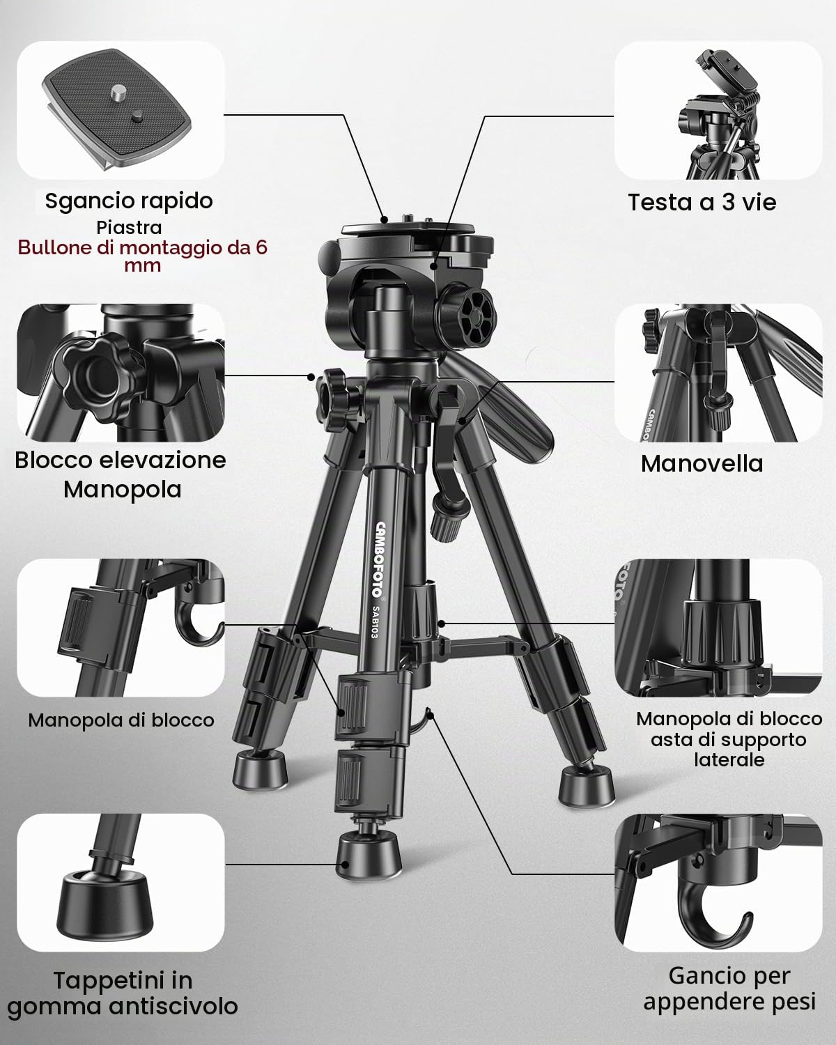 CAMBOFOTO Mini Treppiede da Viaggio 62cm Leggero, Treppiede Portatile per Smartphone/Fotocamera, Testa a Sfera 360°, 3 Sezioni Regolabili, Supporto fino a 2kg - Per Vlog, Viaggi