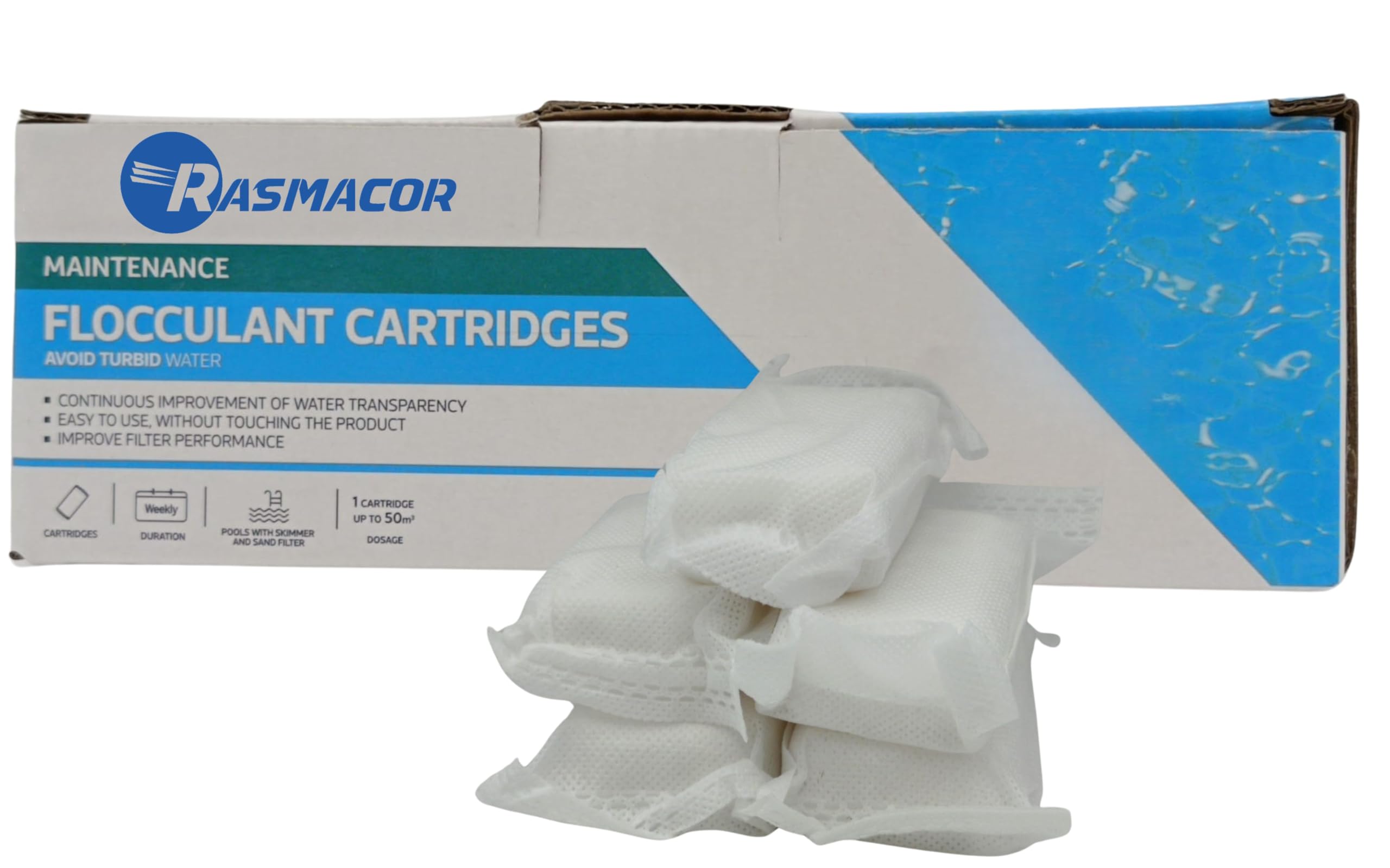RASMACOR | Floculant Pool Cartouches 8 x 125g pour systèmes de Filtration Sable & Verre 1Kg | 11390 | Clarificateur pour eaux Troubles | Eau cristalline | Accessoires de Piscine | Fabr. Europe