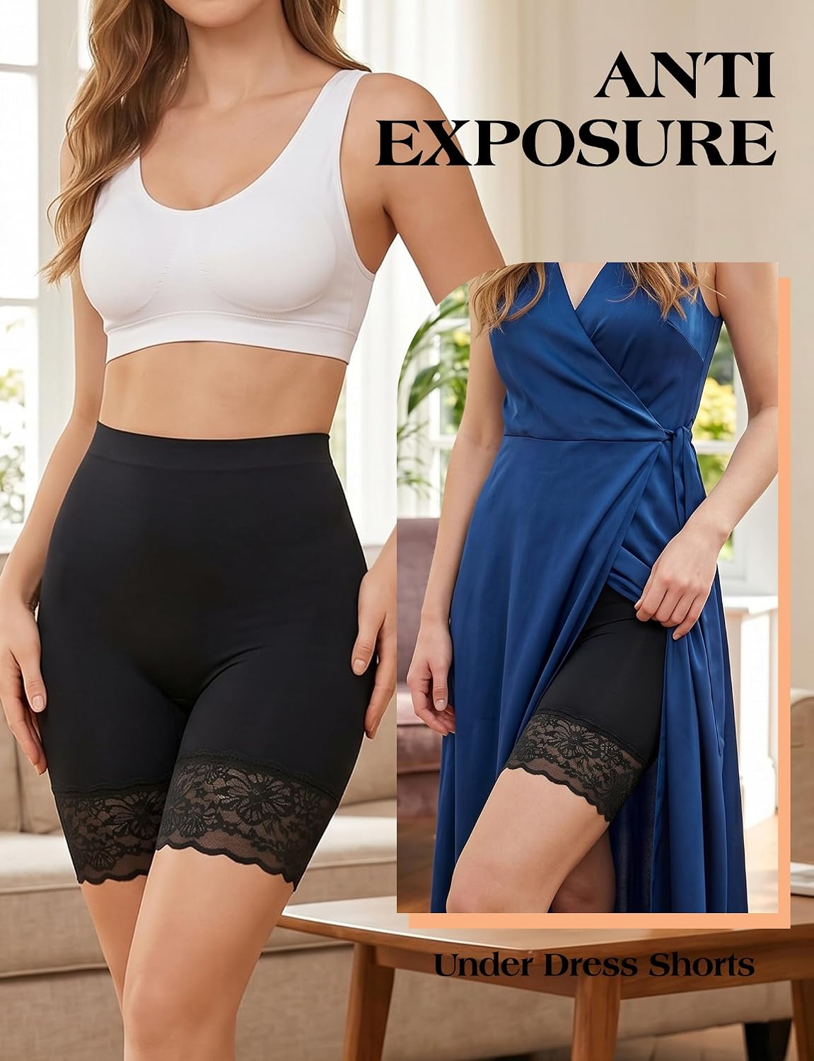 ZENUTA Women Anti Chafing Shorts Under Dress Seamless Slip Shorts Lace Hem No Rolling Breathable Cooling Safety Shorts