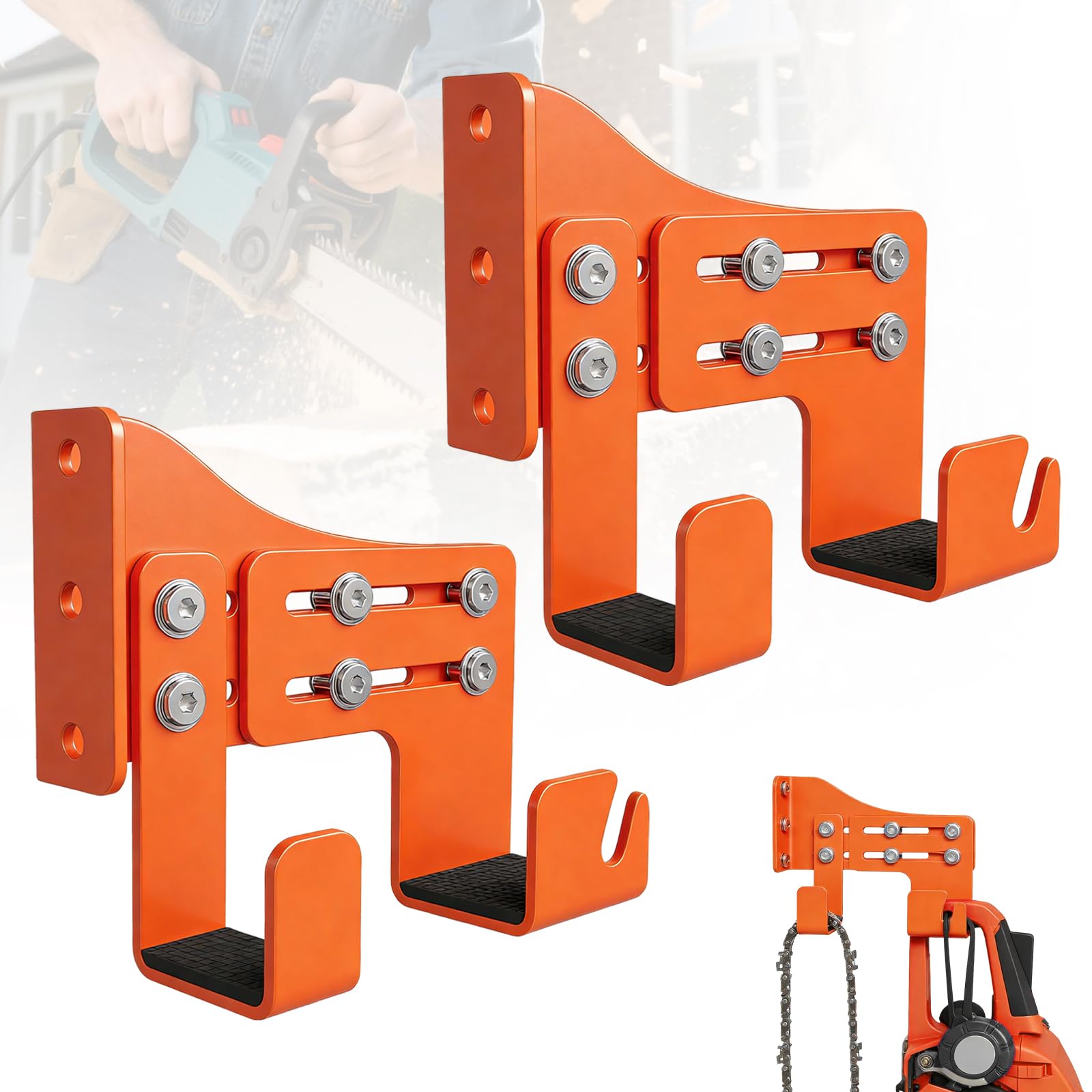 2 Piezas Ganchos para Motosierra, Soporte Ajustables para Motosierra con Doble Gancho, Soporte Organizador Herramientas Pared Colgador de Motosierras para Jardín, Garaje, Taller