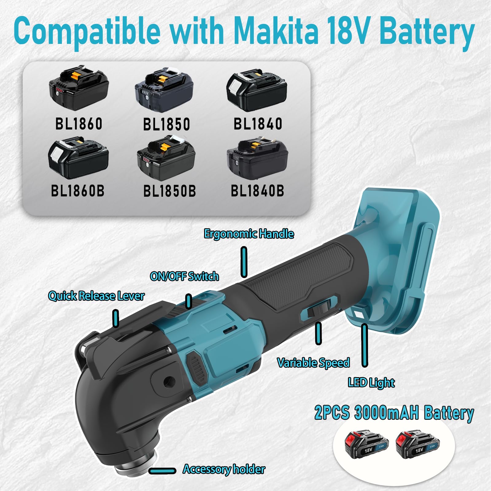 Herramienta multifunción a batería, herramienta oscilante a batería con ángulo de oscilación de 4° y 6 velocidades a 20000 rpm, sin escobillas, para eliminar, raspar y cortar (2 baterías de 1500mAh)