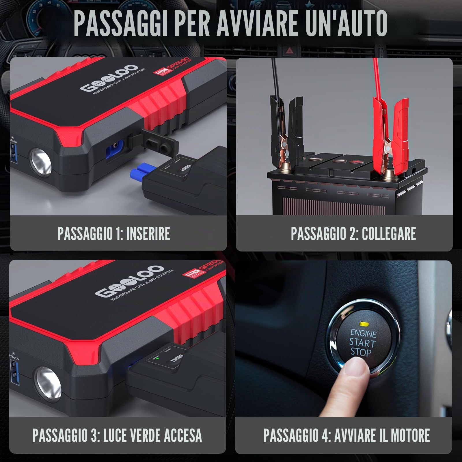 GOOLOO GP2000 Avviatore Batteria Auto, 2000A Avviatore di Emergenza per Auto/Moto, Supersafe 12V Avviatore Portatile con Cavo Intelligente, per 8.0L Gas o 6.0L Diesel