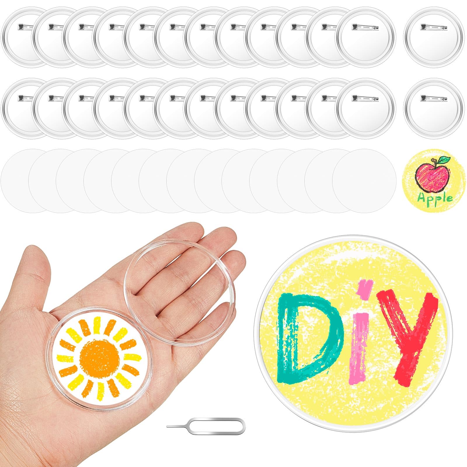 XunYee 25set/80pcs Clear Button Pins 2.28 Inch DIY Button Pins Kit Make Your Own Acrylic Buttons with Blank Paper and Card Removal Tool Set for Valentine's Day Craft Supplies DIY Badges Projects