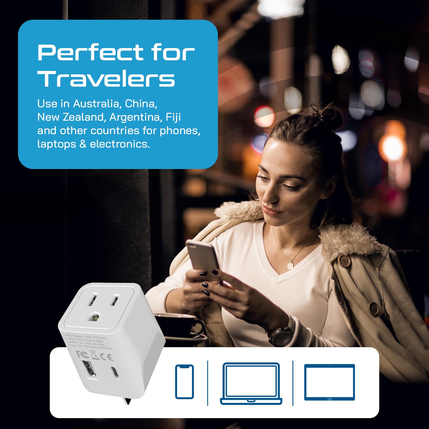 Ceptics USA au Japon, Philippines Adaptateur de Voyage Prise avec Double USB – Type A – Ultra Compact
