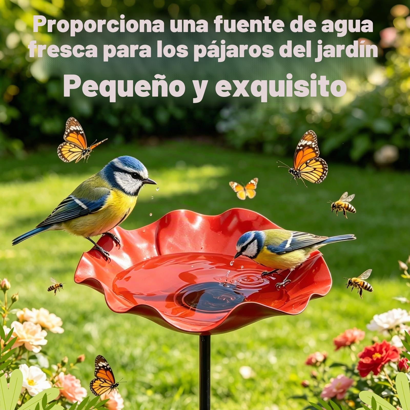 Bebedero para Pájaros de Metal con Estaca, Comedero para Pájaros Exterior en Forma de Flor – Fuente para Abejas y Pájaros – Decoración de Jardín de Metal – Altura 65 cm