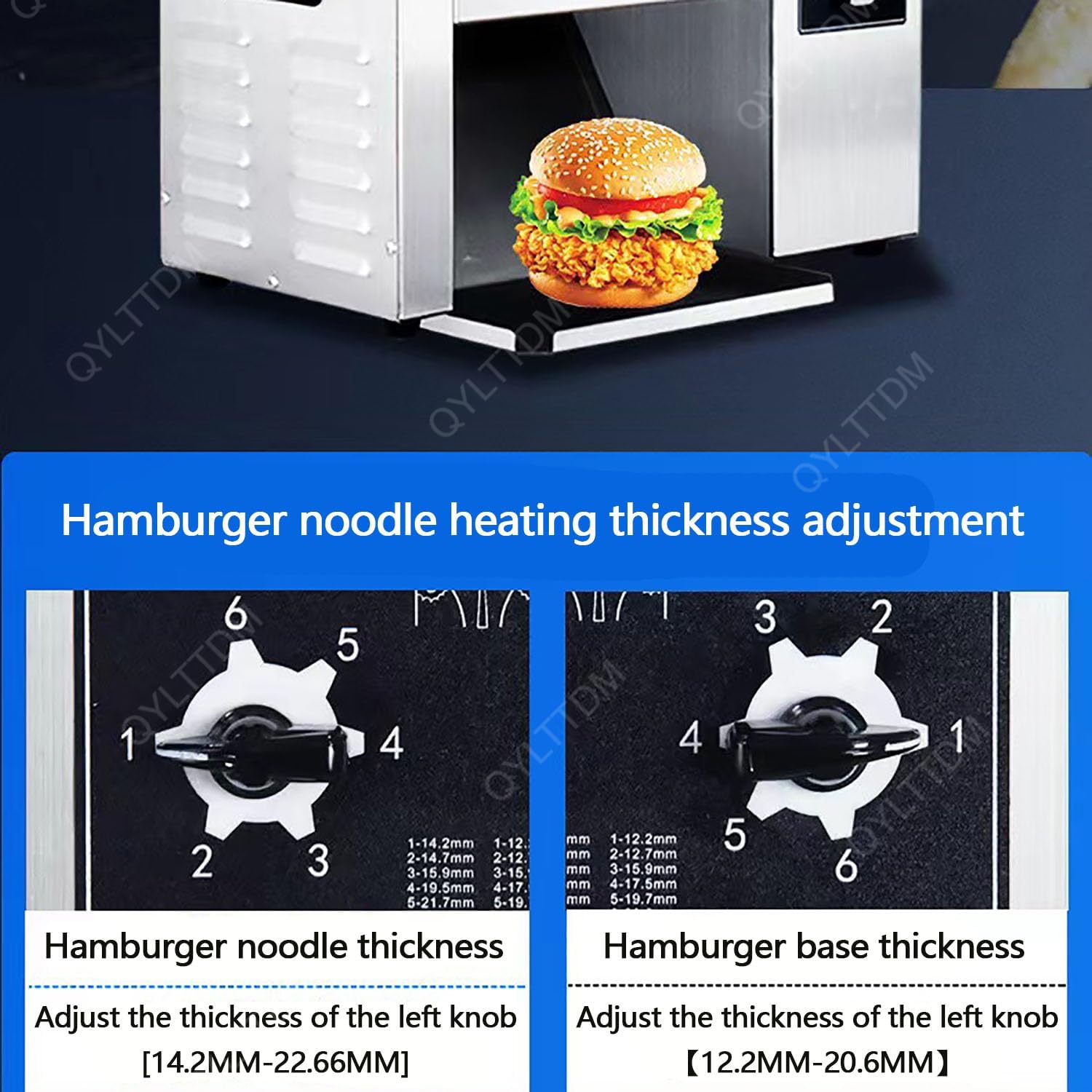 Komercyjny opiekacz taśmowy, automatyczny automat do burgerów 2000 W, regulacja pokrętła, szerokość bramy grzewczej 255 mm, regulacja temperatury 0-320°C, do kuchni domowej i fastf