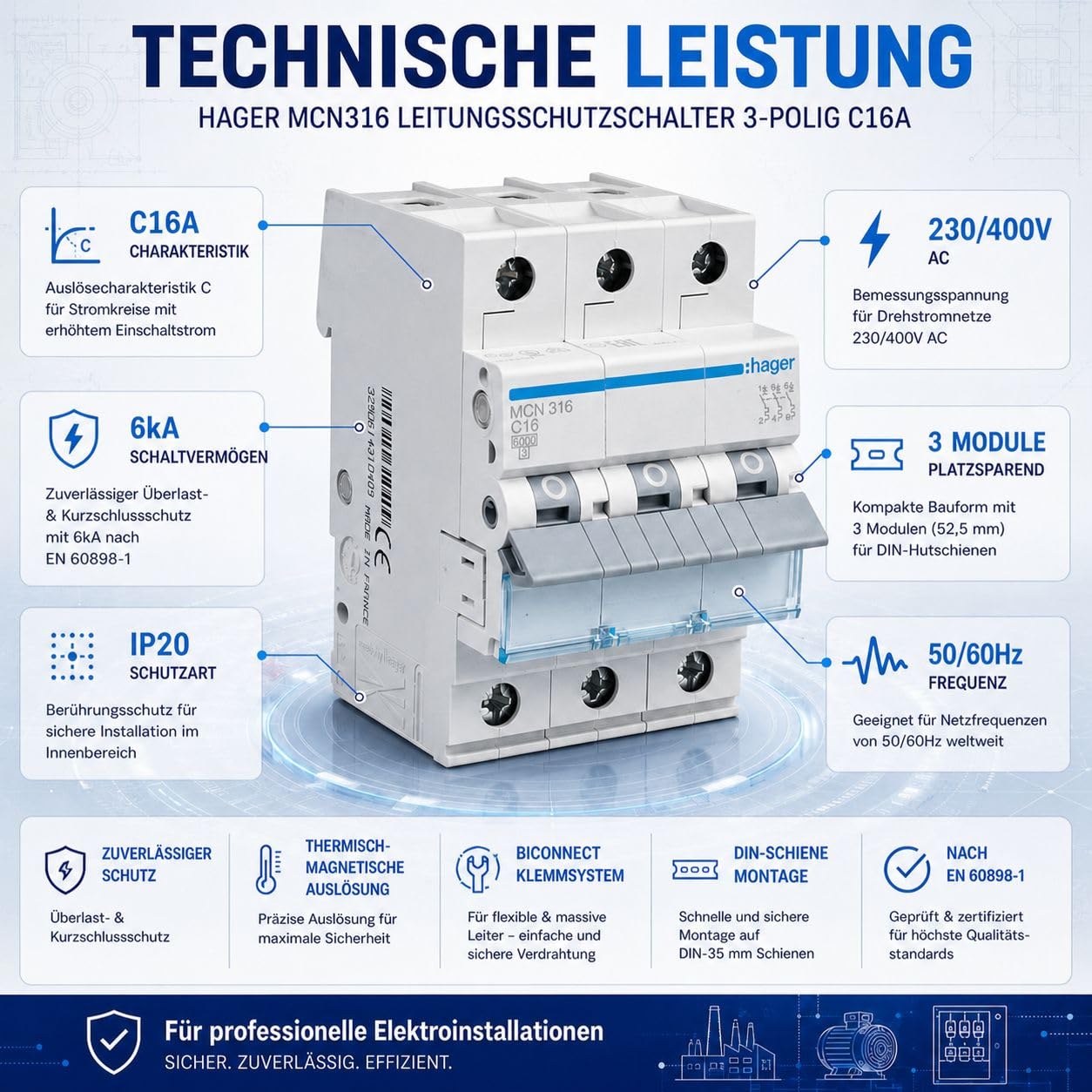 Hager MCN316 Leitungsschutzschalter 3-polig C16A, 6kA LS-Schalter für Drehstrom, 3P Sicherungsautomat, biconnect Klemmsystem, 3 Module, 230/400V AC, IP20, Kurzschluss- und Überlastschutz