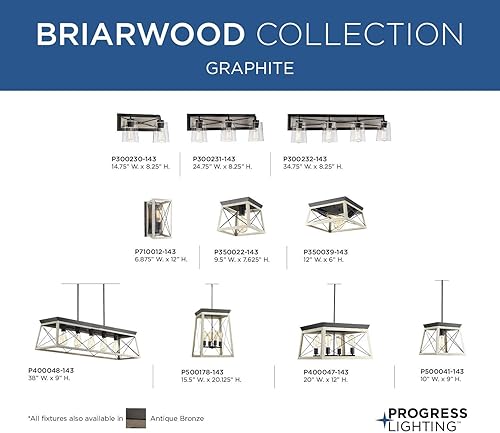 Miniatura 28 de Progress Lighting Briarwood Collection - Lámpara de tocador de baño de cristal transparente con 3 luces, grafito, color negro