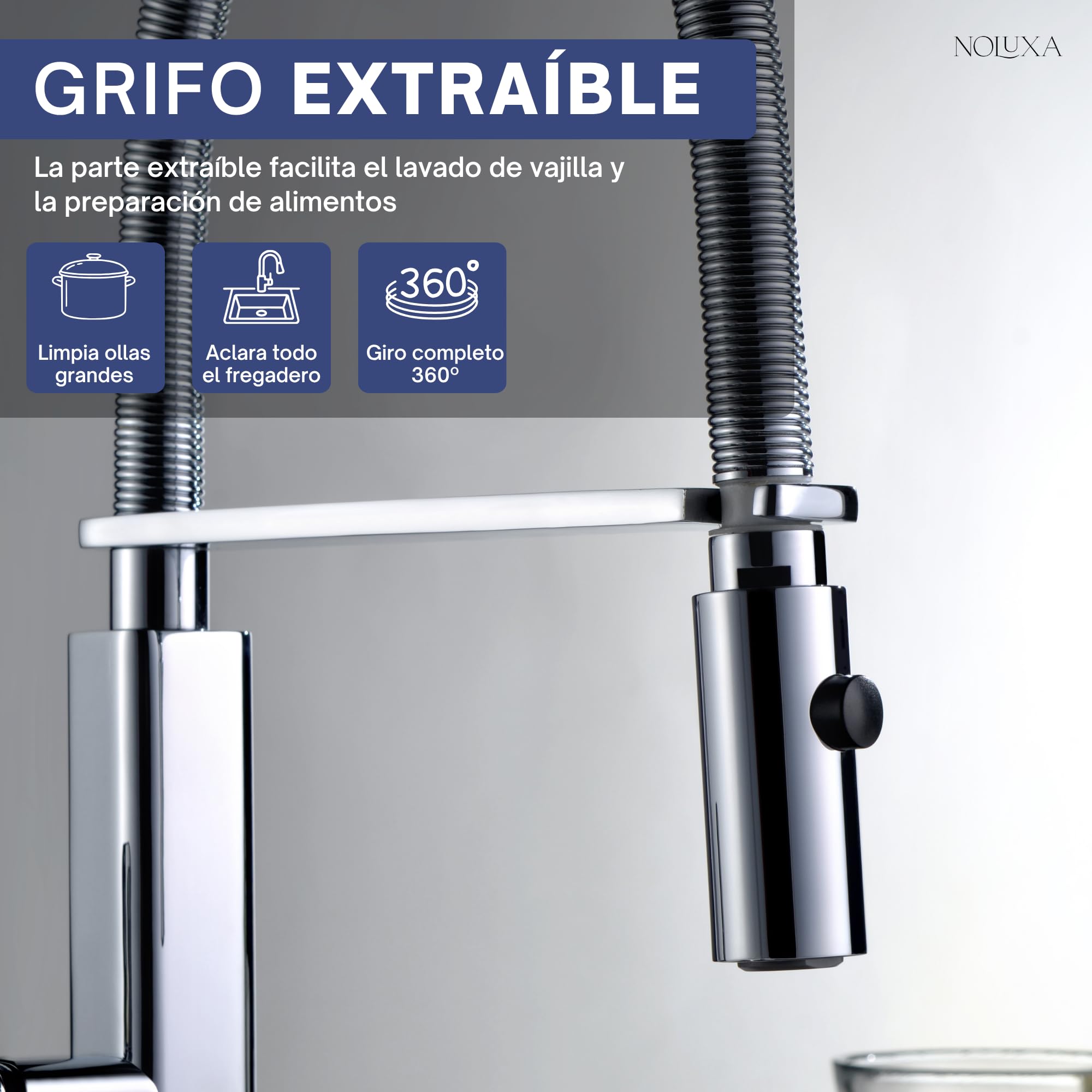 IMEX - Grifo Cocina Extraíble | Grifo Monomando Fregadero | Griferia Cocina con Ducha Flexible 360º | Grifería en Latón | Serie Toulouse | Color Cromado