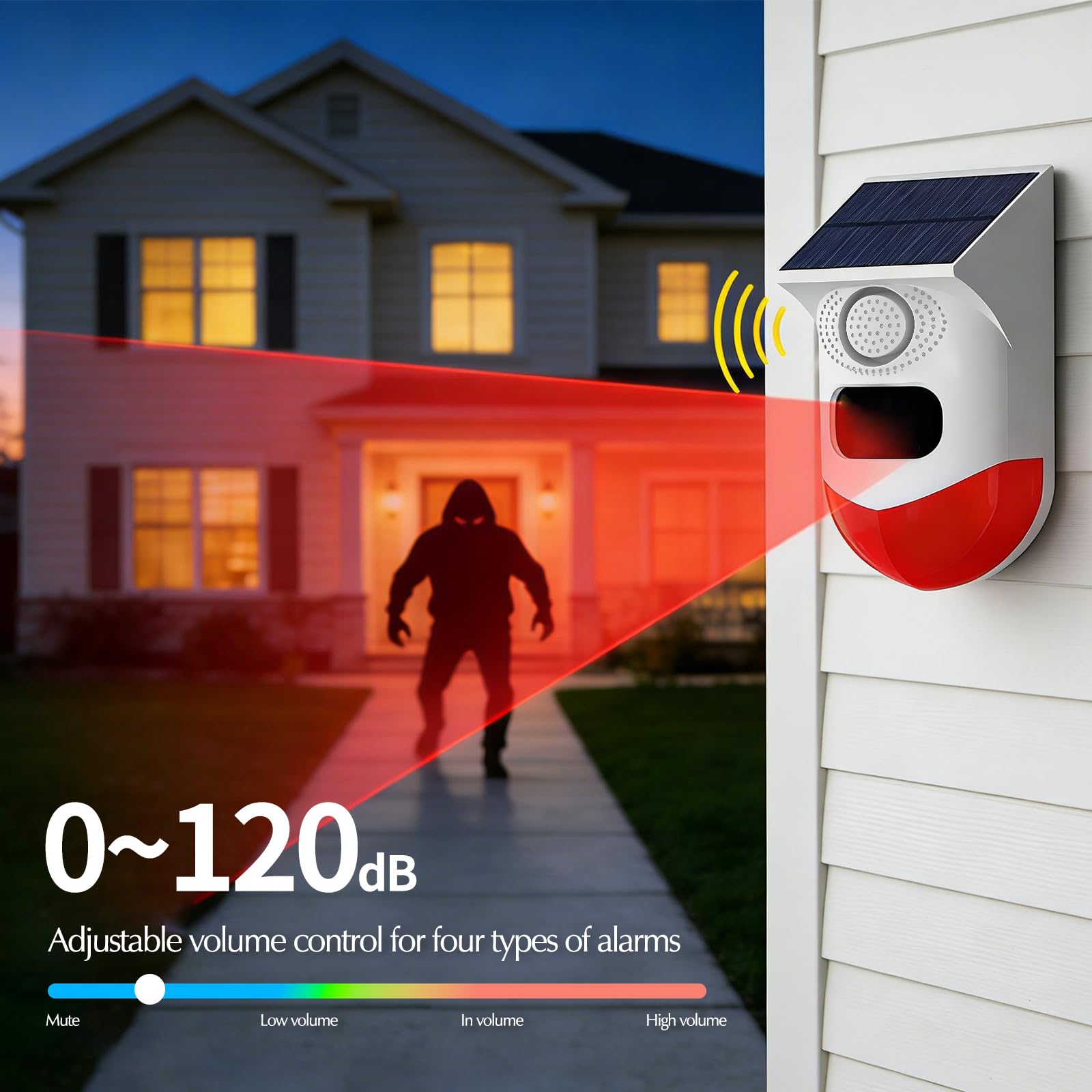 WiFi Sensor de Movimiento, Sensor Solar Adecuado para Interiores y Exteriores, Volumen de 0~120dB, Control Remoto, Programación Temporal, con Mando a Distancia, 3 Modos Ángulo Detección 110º