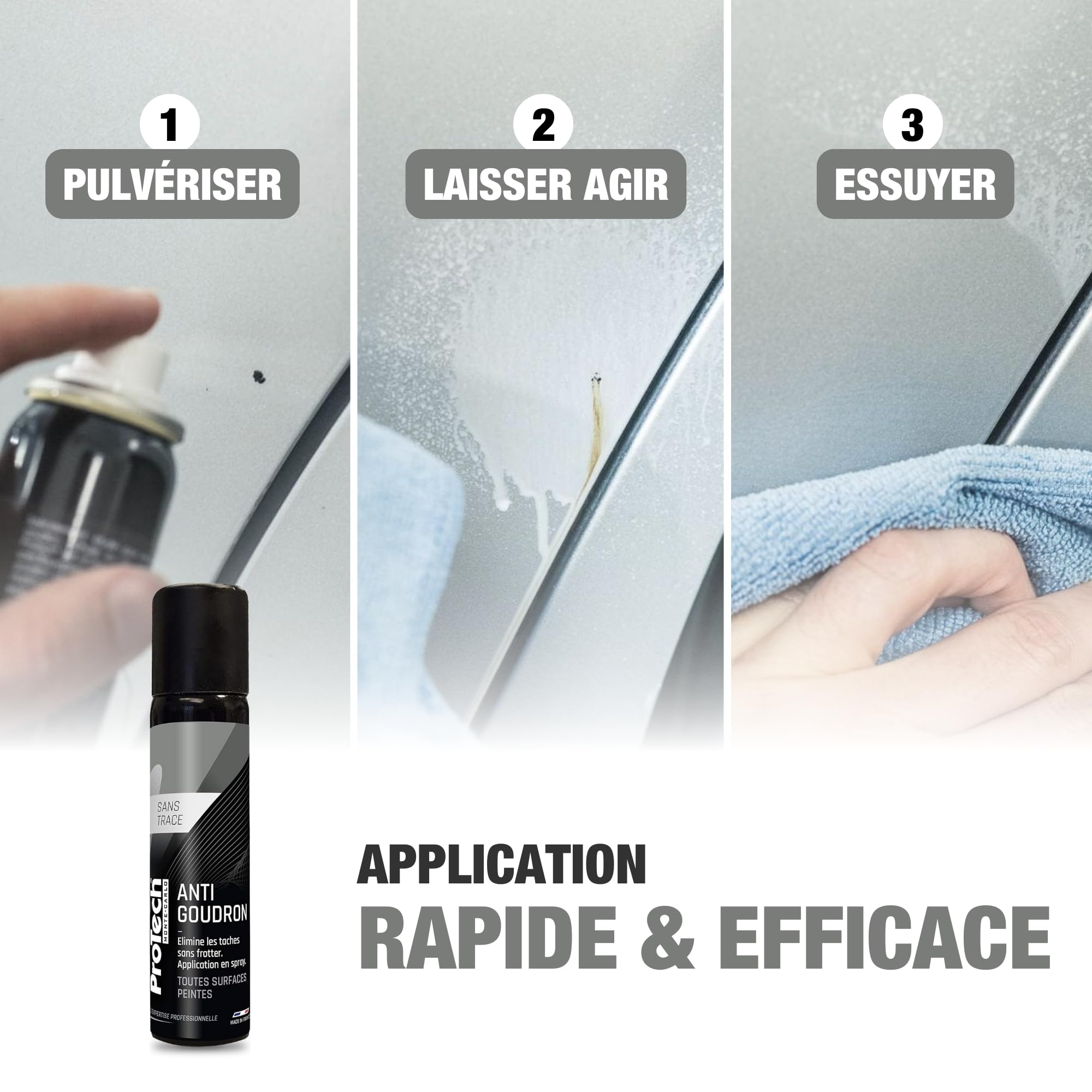 ProTechMC | Anti Goudron pour Voiture | Élimine Les Tâches de Goudron, Huile, Cambouis, Graisses | sans Effort | Nettoyant Goudron Carrosserie | Toutes Surfaces Peintes | Made in France | 80ml