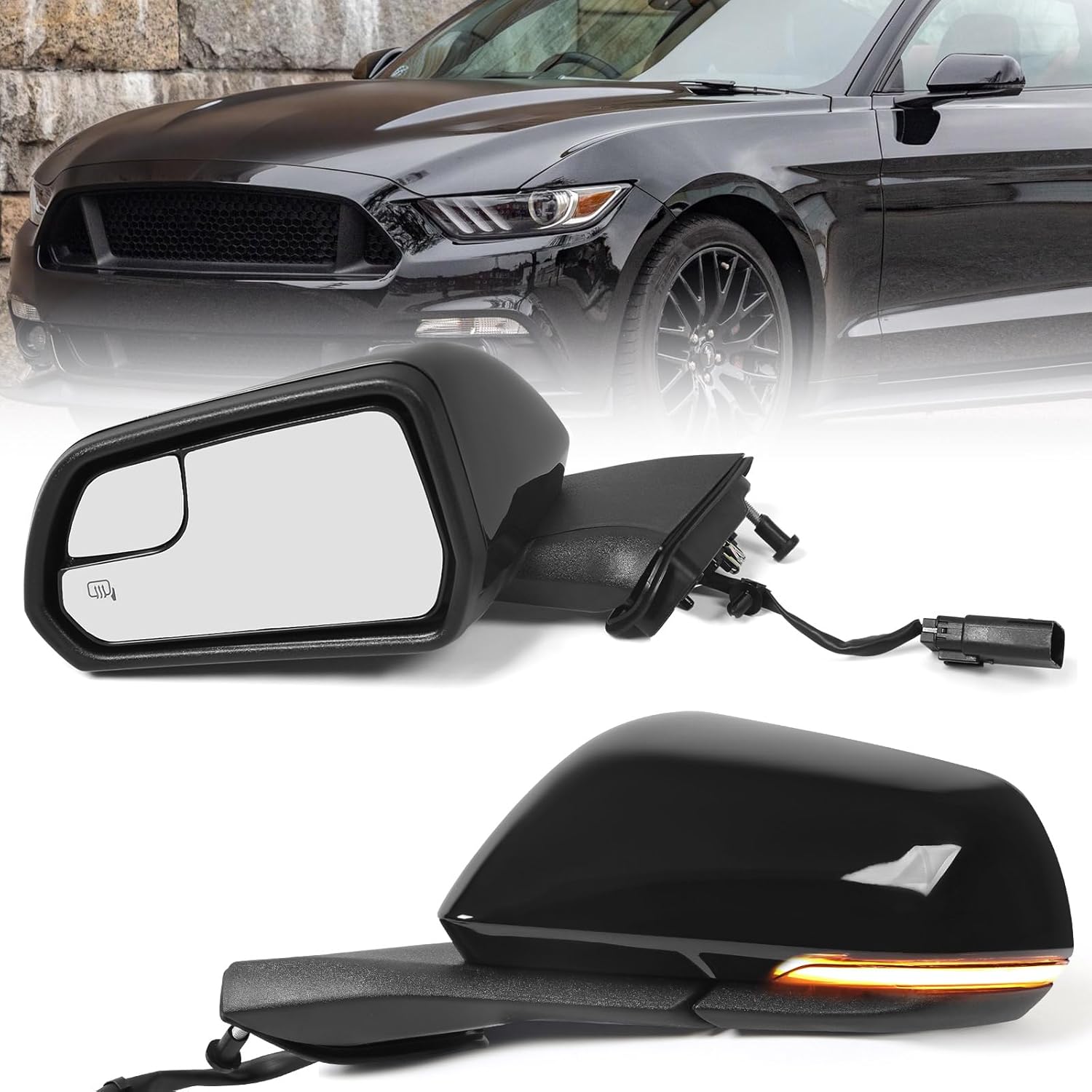Left Driver Side Power Door Mirror for Ford Mustang 2015-2023 with Blind Spot Glass, Heated Glass, Turn Signal Light and Puddle Light, Direct Replacement (7 Pins, Black)