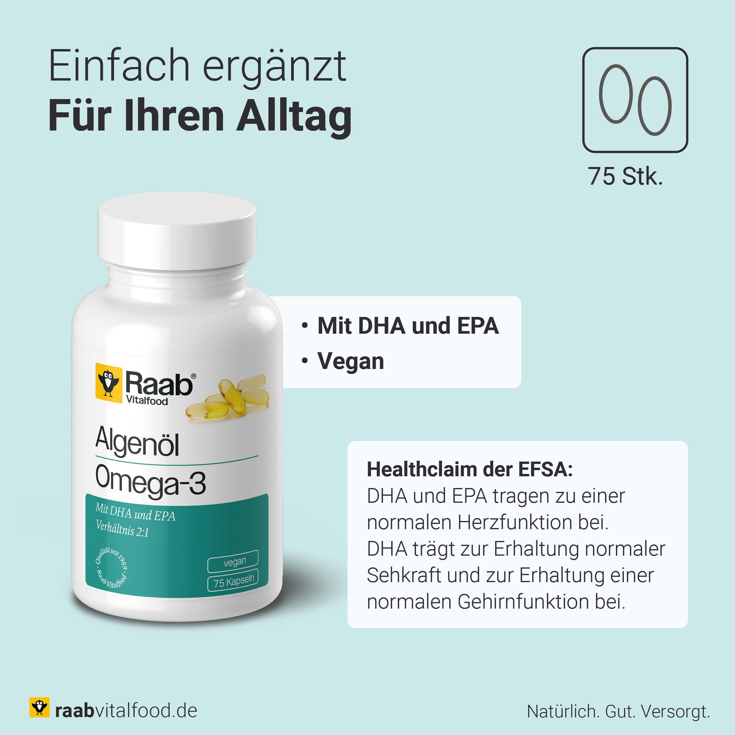 Raab Vitalfood® Algenöl Omega-3 Kapseln (75 Stück) - Omega-3 Vegan aus Algenöl, mit DHA und EPA (2:1), nachhaltige Alternative zu Fischöl, Omega-3 Fettsäuren DHA 250 mg und EPA 125 mg pro Kapsel