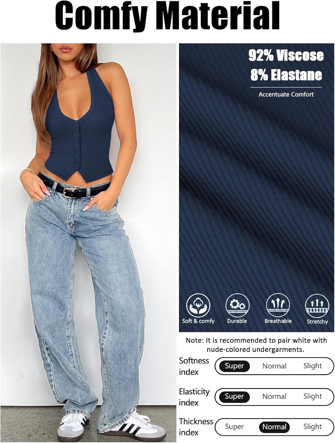 Womens Button Down Tank Top for Women Ribbed Button Up Halter Fitted Vest Summer Sexy Trendy Cute Crop Going Out Tops - Image 5