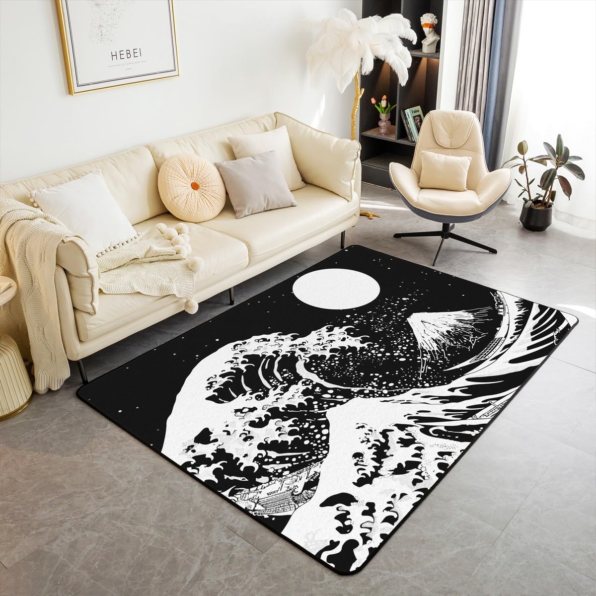 Erosebridal Moon Living Room Rugs 4x5, Ocean Waves Non Slip Area Rugs, Mountain Fuji Non Shedding Carpet, Japanese Style Indoor Floor Mat, Marine