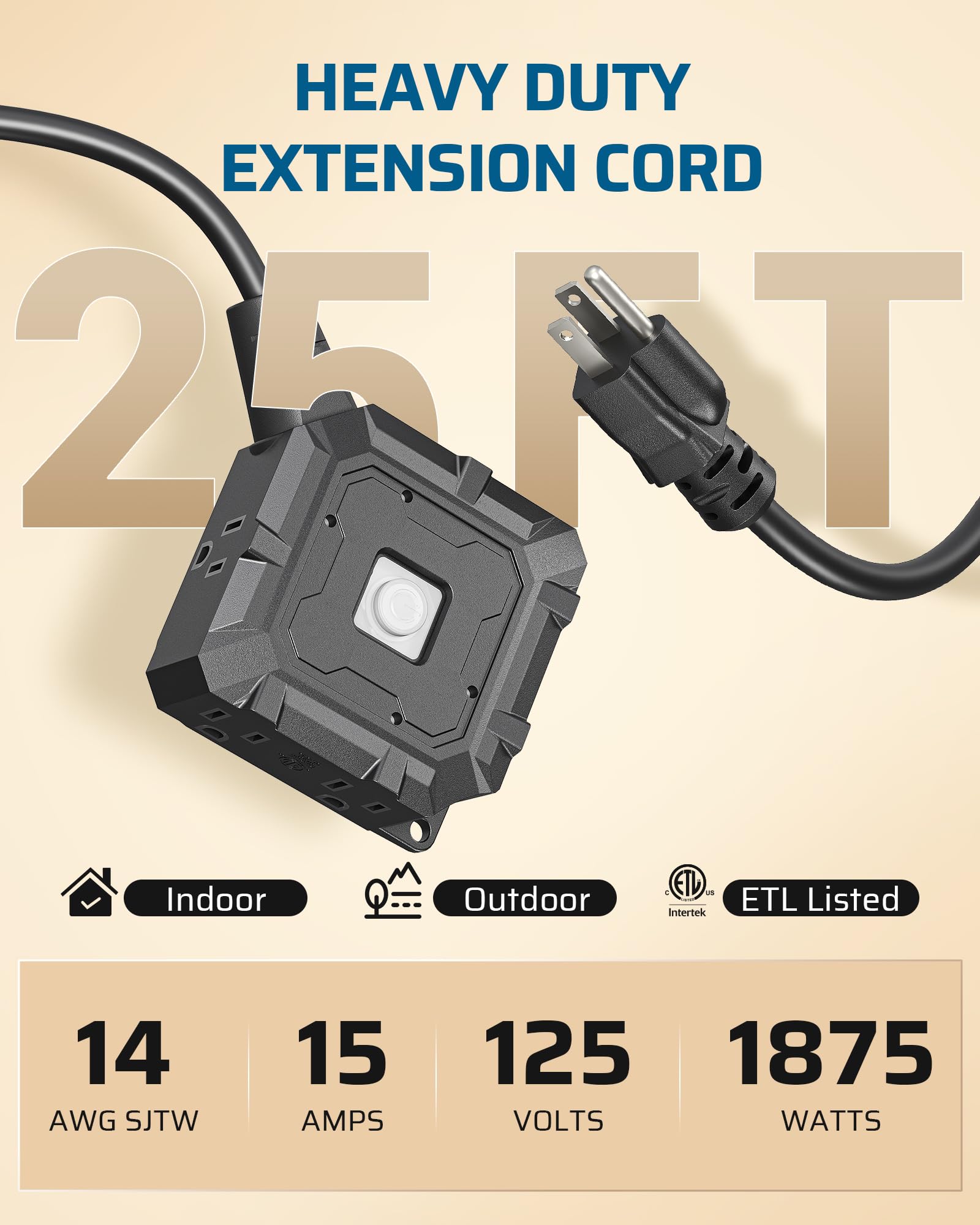 DEWENWILS - Cable de extensión resistente de 25 pies, 6 salidas con interruptor de encendido/apagado y cubierta de silicona impermeable, calibre 14/3 SJTW, cable de alimentación negro, 15A/125V/1875W