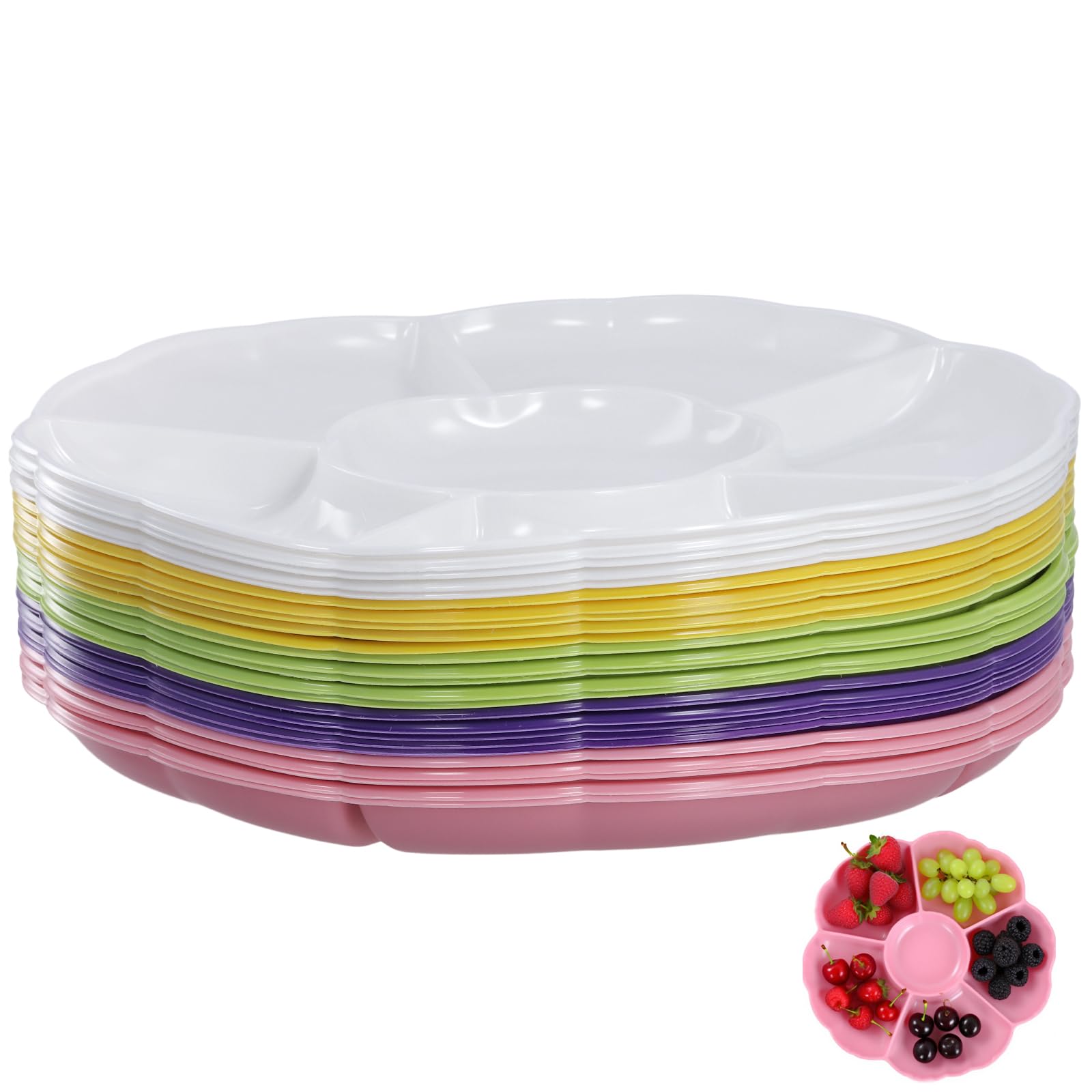PINGEUI Lot de 30 plateaux de service en plastique réutilisables de 30,5 cm avec 6 sections, pour collations, fruits, bonbons, desserts, noix, 5 couleurs