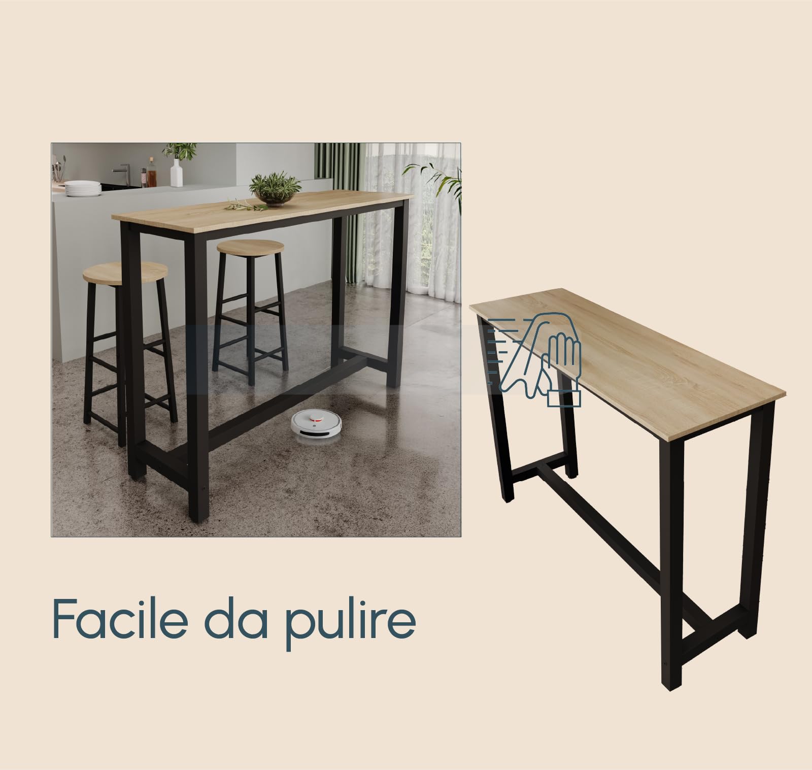MB Muebles Bonitos, Tavolo Alto da bar Ani, Barra da cucina in Stile Minimalista con Gambe in Metallo, Melamina Opaca, Nero e Sonoma, 140x100x40 cm