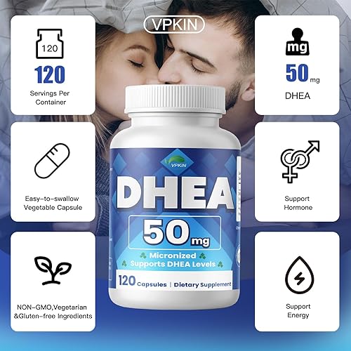 Miniatura 3 de Suplemento DHEA de 50 mg para hombres y mujeres, fuerza máxima, grado micronizado para una mejor absorción, apoyo inmunológico, sin OMG, sin gluten,
