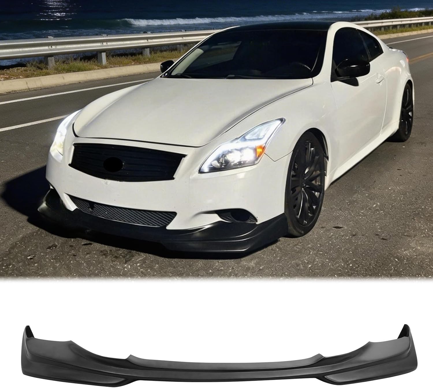 FREEMOTOR802® Front Bumper Lip Splitter Air Dam Chin Spoiler, Fits 2008-2013 Infiniti G37 Coupe (Except IPL/Sport) & 2014 Infiniti Q60 Base Journey, J Style Unpainted Black PU 1PC Lower Guard Trim
