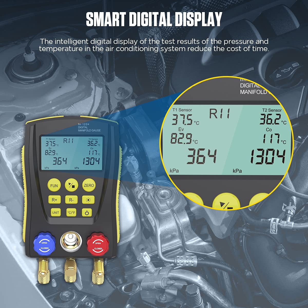Manómetros Aire Acondicionado Digitales, Kit de Manómetro HVAC para 93 Refrigerantes (R32/R410a/R22/R1234YF), con 2 Abrazaderas de Temperatura para Pruebas de Clima y Frigoríficos