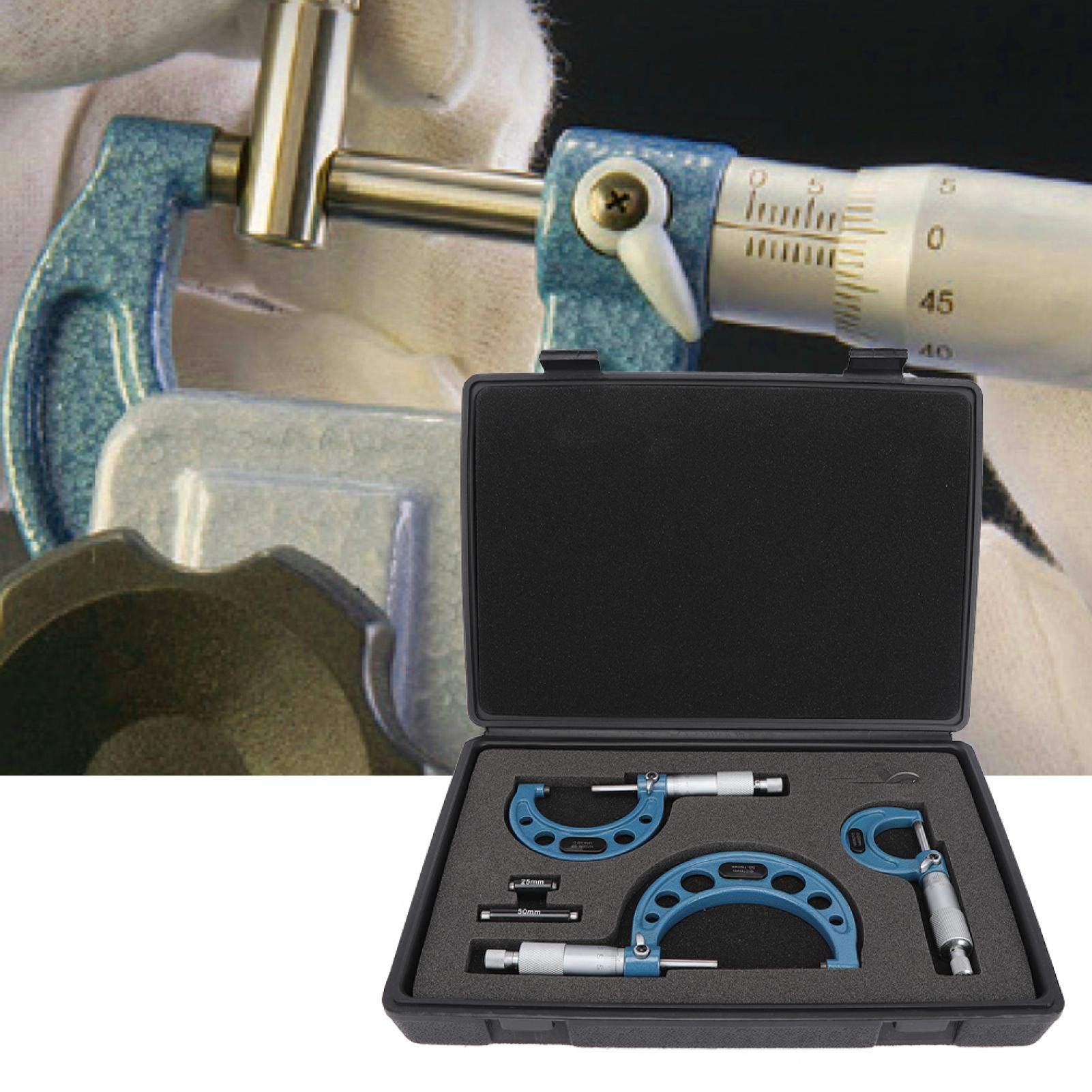 3pcs micromètre, métrique 0-25mm, 25-50mm, 50-75mm roulement en acier outil de mesure du diamètre extérieur de haute précision avec étui, avec tige de mesure de 25mm, 50mm et clé