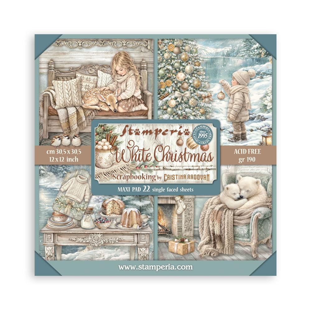 Stamperia - Scrapbook Paper Pad for Scrapbooking, Albums, Cards, Bullet Journals and More, Acid Free, Single Face, Perfect for Hobbies, Crafts, and Gifting (White Christmas) (30.5 x 30.5cm)