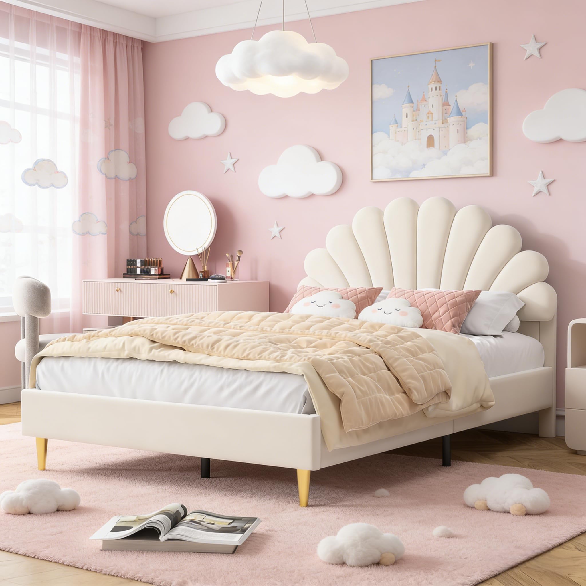 BRILVERDE Lit de Fille 140x200 cm, Lit Princesse avec tête de lit Fleurie, Cadre avec Sommier à Lattes, pour Filles, pour Enfants et Adolescents, Velours (Beige, 140 x 200 cm)