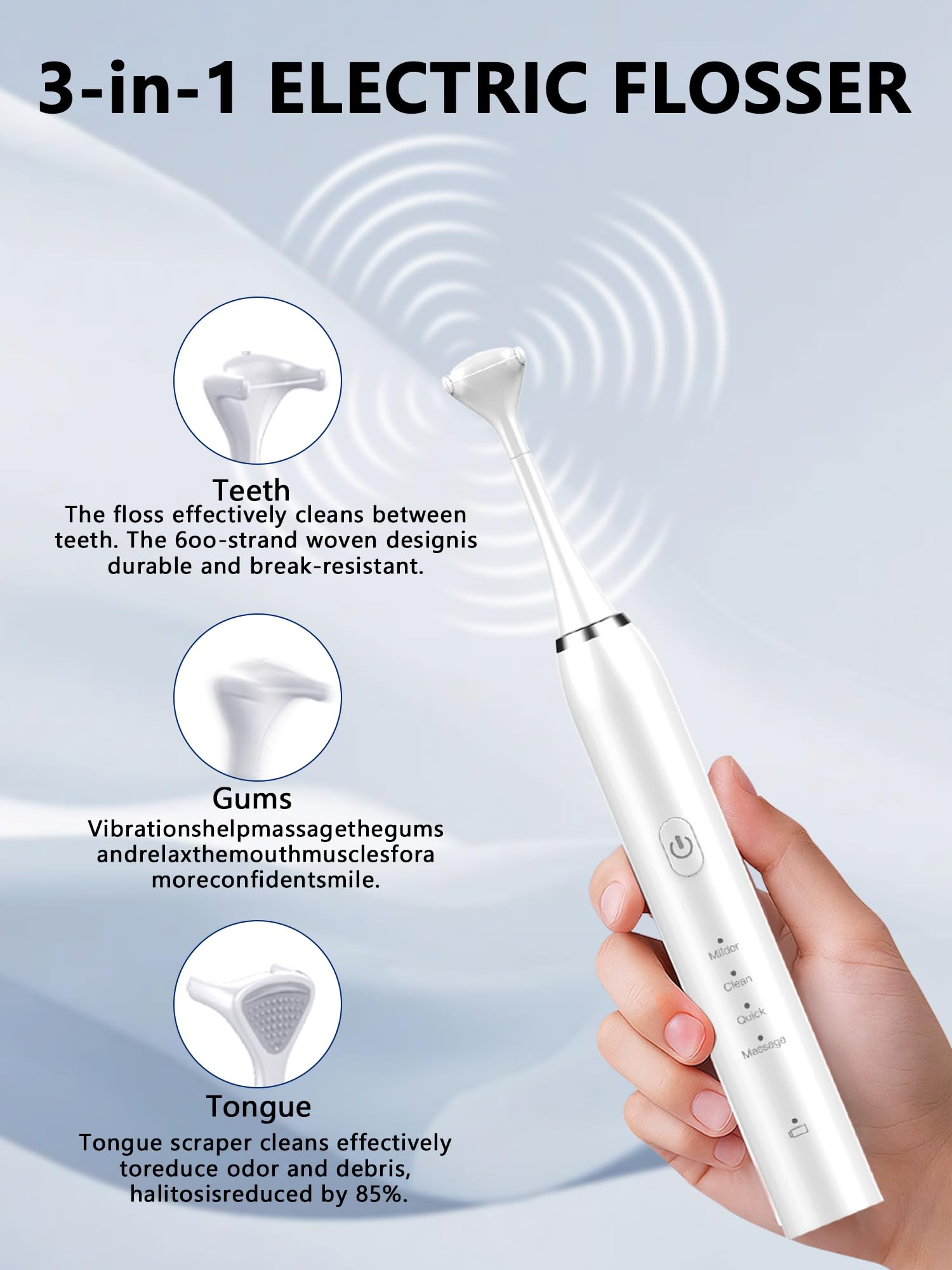 Hilo dental eléctrico para dientes, hilo dental eléctrico con 50 cabezales de repuesto, 4 modos de limpieza, hilo dental fácil de deslizar para un cuidado suave de las encías, hilo dental recargable y