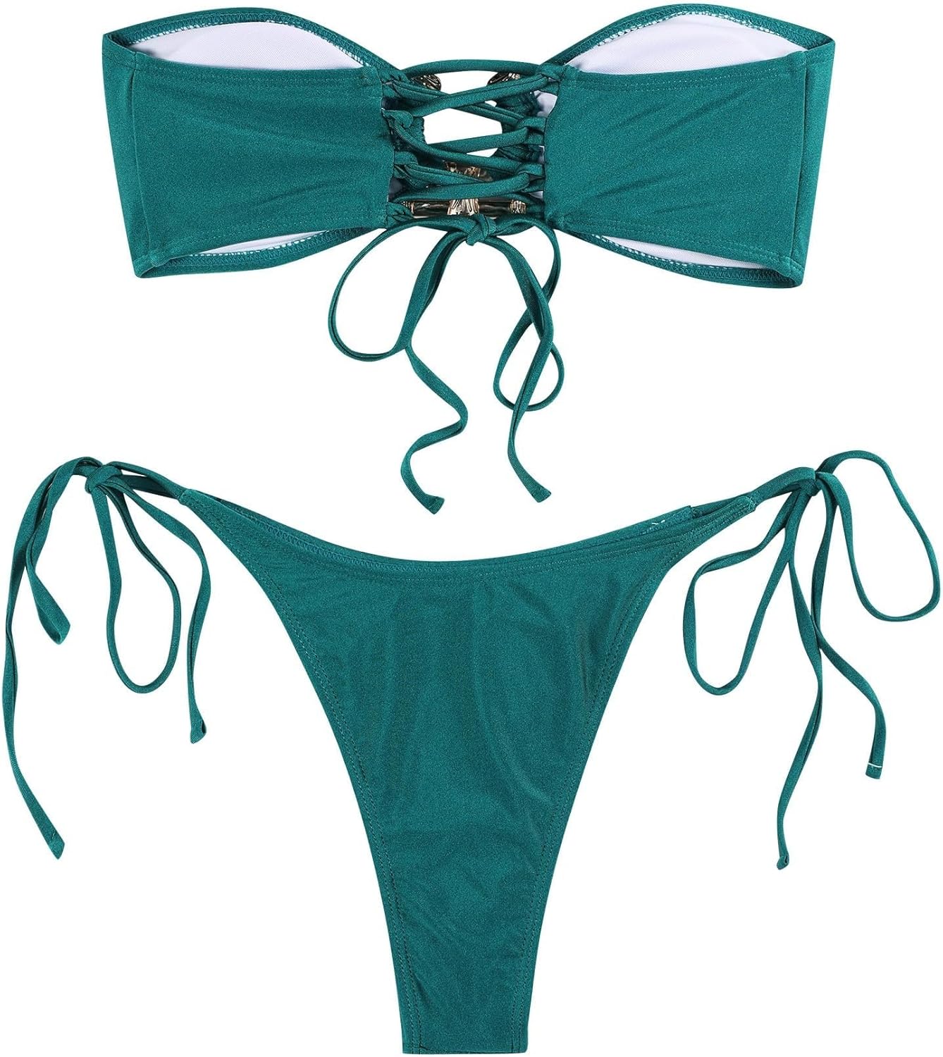 ZAFUL Women's Bandeau Bikini Shiny Metal Ring Decor Lace Up Tied Side High Cut Strapless Swimsuit - Image 3