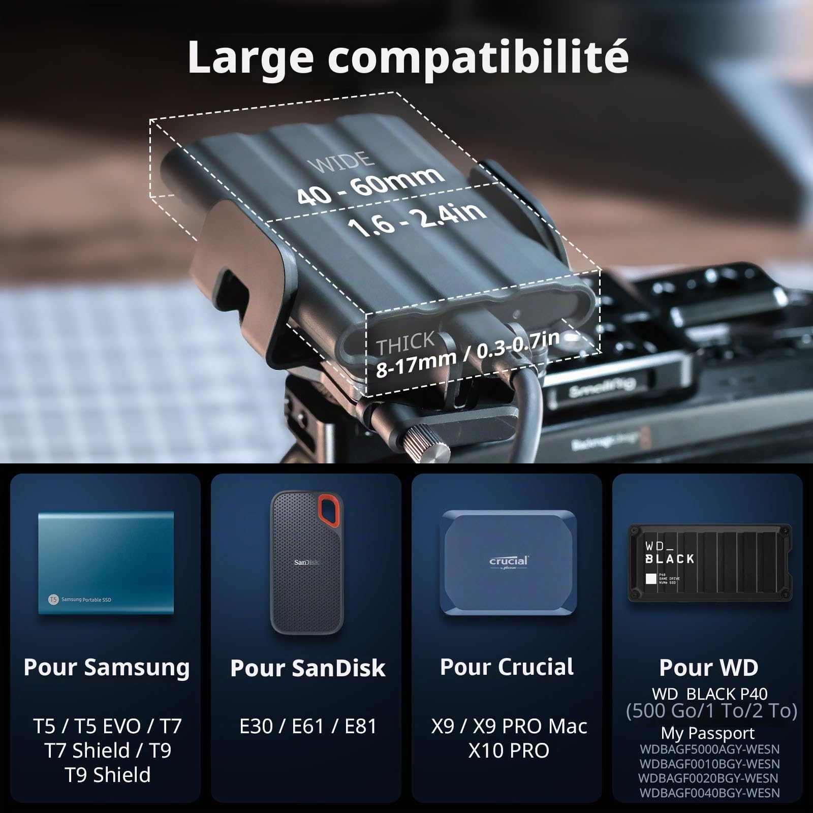 SMALLRIG Support Universel ssd avec Serre-câble pour Griffe de Flash, Largeur de Serrage 40 à 60 mm, Compatible Samsung T5/T7 et Sandisk SSD, pour iPhone et appareils Photo