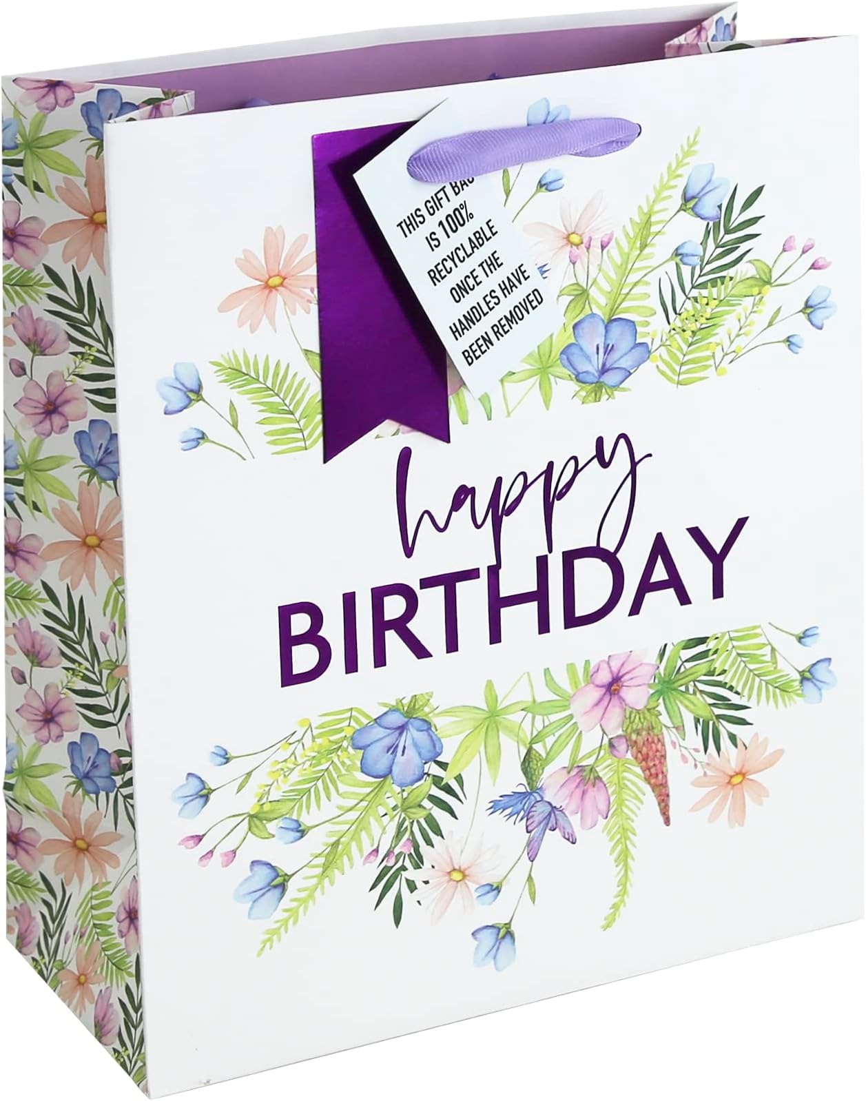 EurowrapFloral White Kraft Happy Birthday Gift Bag With Gift Tag, Design By Jeff Banks 100% Recyclable Medium