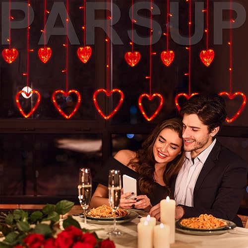 Miniatura 3 de PARSUP Cortina de luces de hadas para el día de San Valentín, 126 luces LED en forma de corazón para colgar en la ventana, con luz roja, alimentada