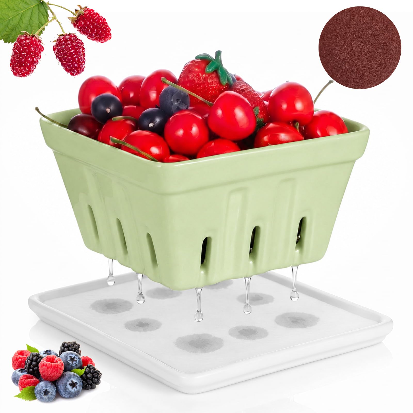 Photo 1 of LemonRoad Ceramic Berry Basket with Coaster, Light Green
