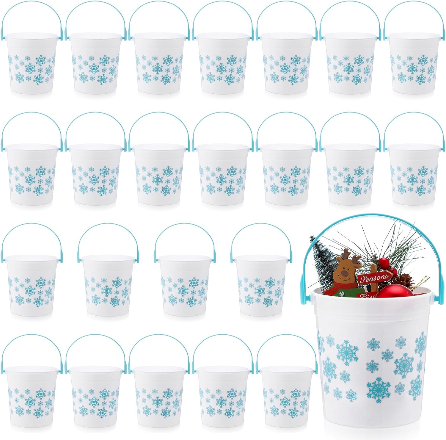 meekoo 24 Pcs Blue Snowflake Buckets with Handles Bulk 4.69 x 3.78 x 4.8 Inch Small Winter Holiday Buckets for Gifts Cute Candy Pails Holiday Storage Baskets for Winter Wonderland Party