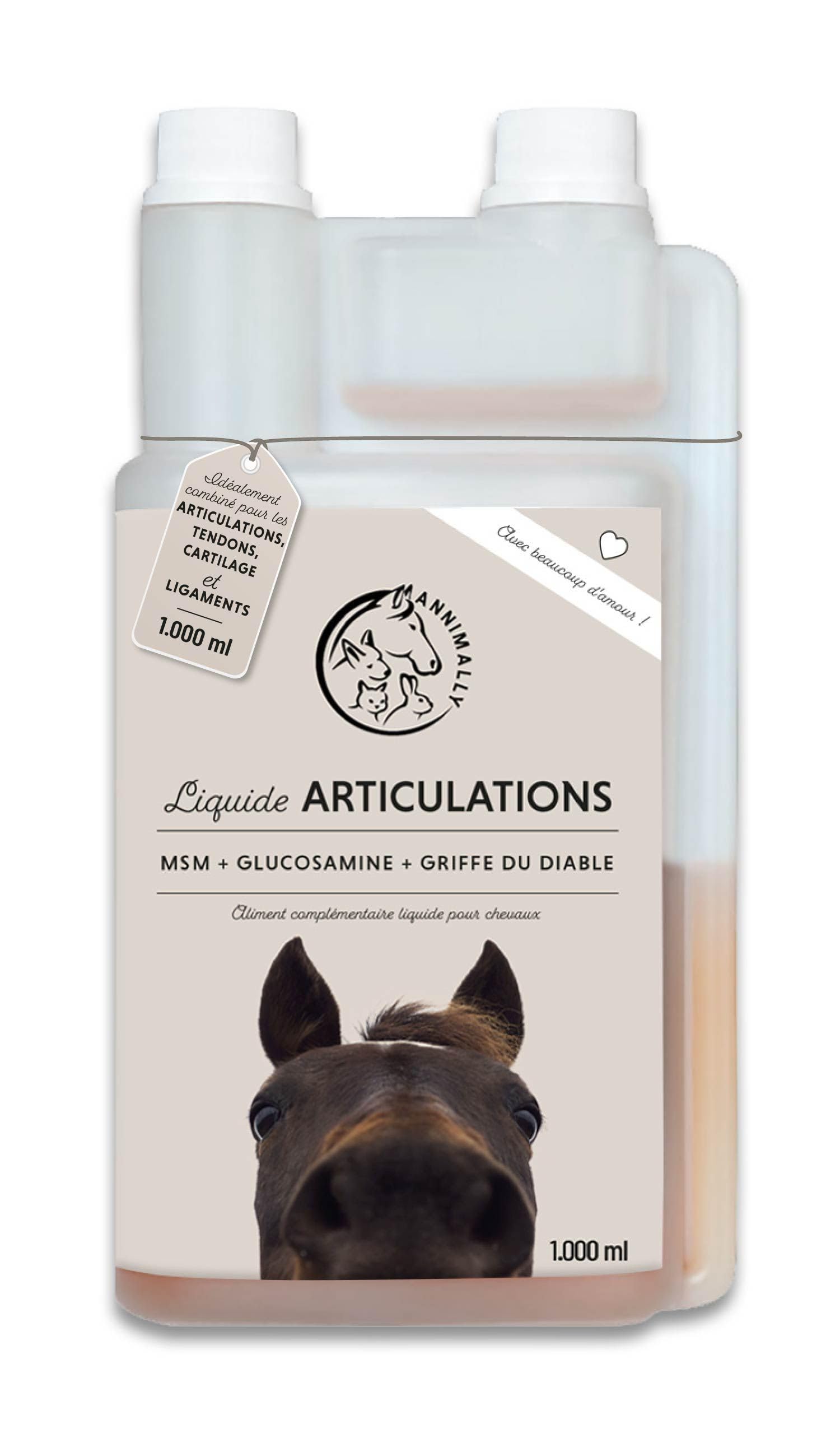 Annimally Liquide pour Articulation Cheval 1000 ML avec Griffe du Diable, Glucosamine et MSM – Renforcement Articulaire