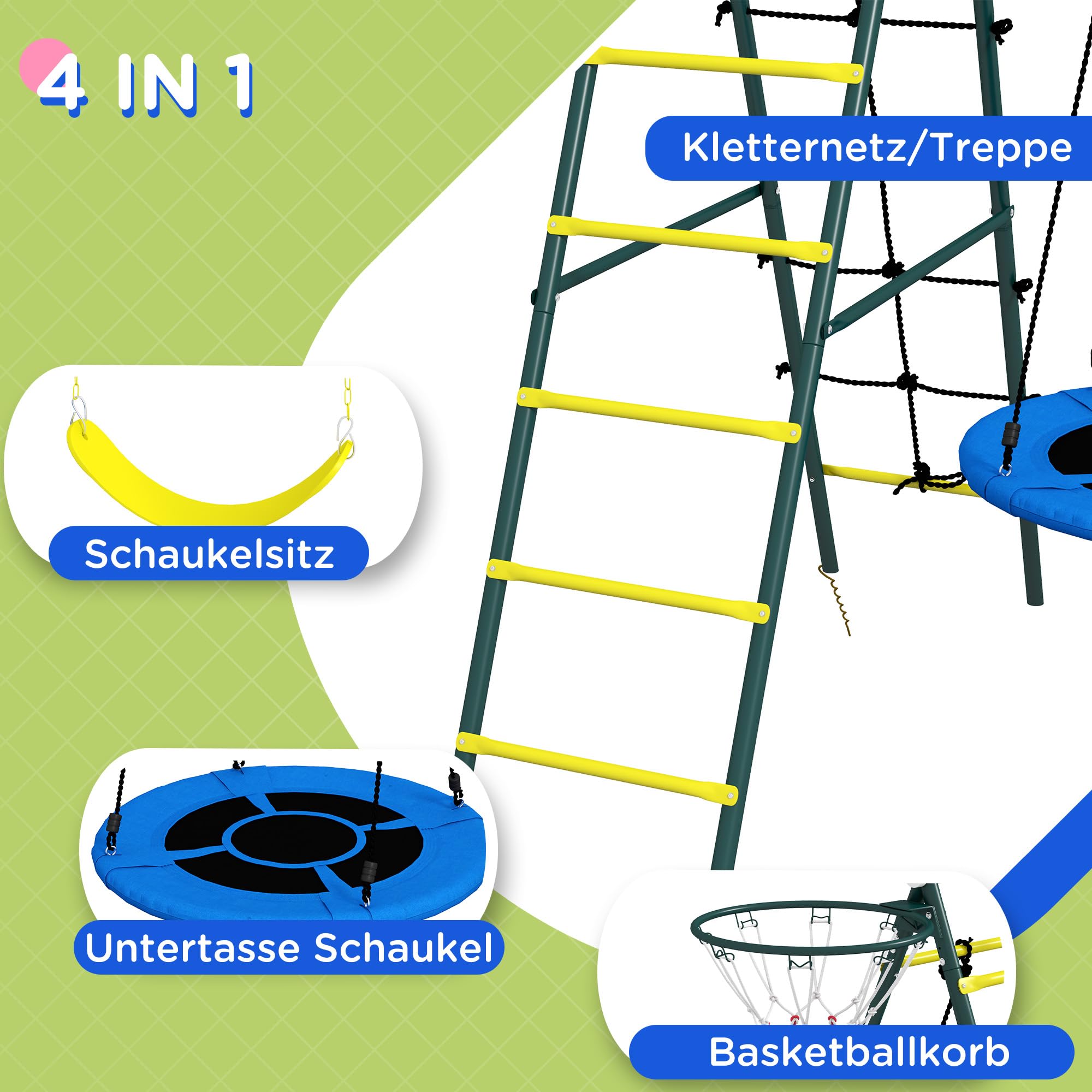 Outsunny Zestaw huśtawek dziecięcych, 4 w 1, stelaż huśtawki z 2 huśtawkami, kosz do koszykówki, drabina do wspinaczki, huśtawka ogrodowa dla dzieci w wieku 3-8 lat, stal, żółty